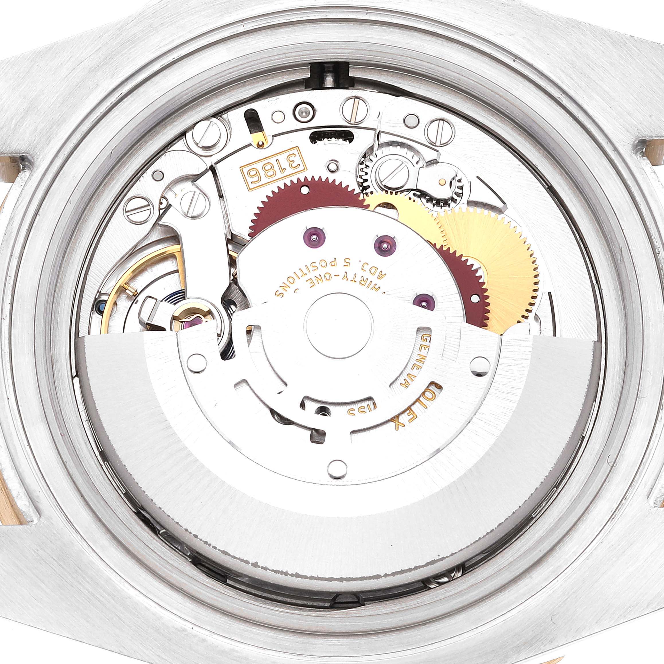 The image shows the internal movement and mechanism of the Rolex GMT-Master 116713 Men's Steel and Gold (two tone) Black Dial 116713 Men's Steel and Gold (two tone) Black Dial watch, viewed from the back.