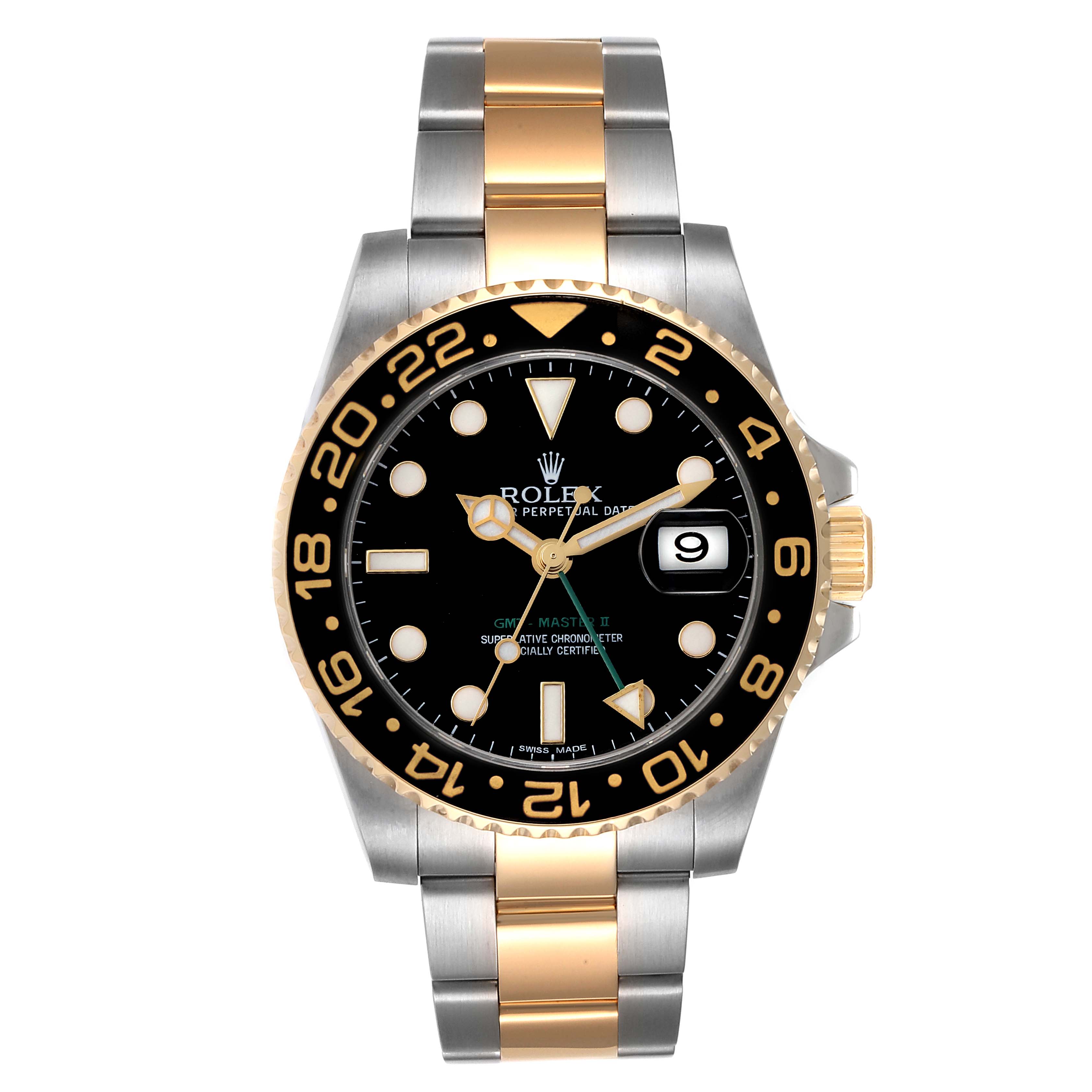 The image shows a front view of a Rolex GMT-Master 116713 Men's Steel and Gold (two tone) Black Dial 116713 Men's Steel and Gold (two tone) Black Dial watch, displaying its dial, case, bezel, and two-tone bracelet.