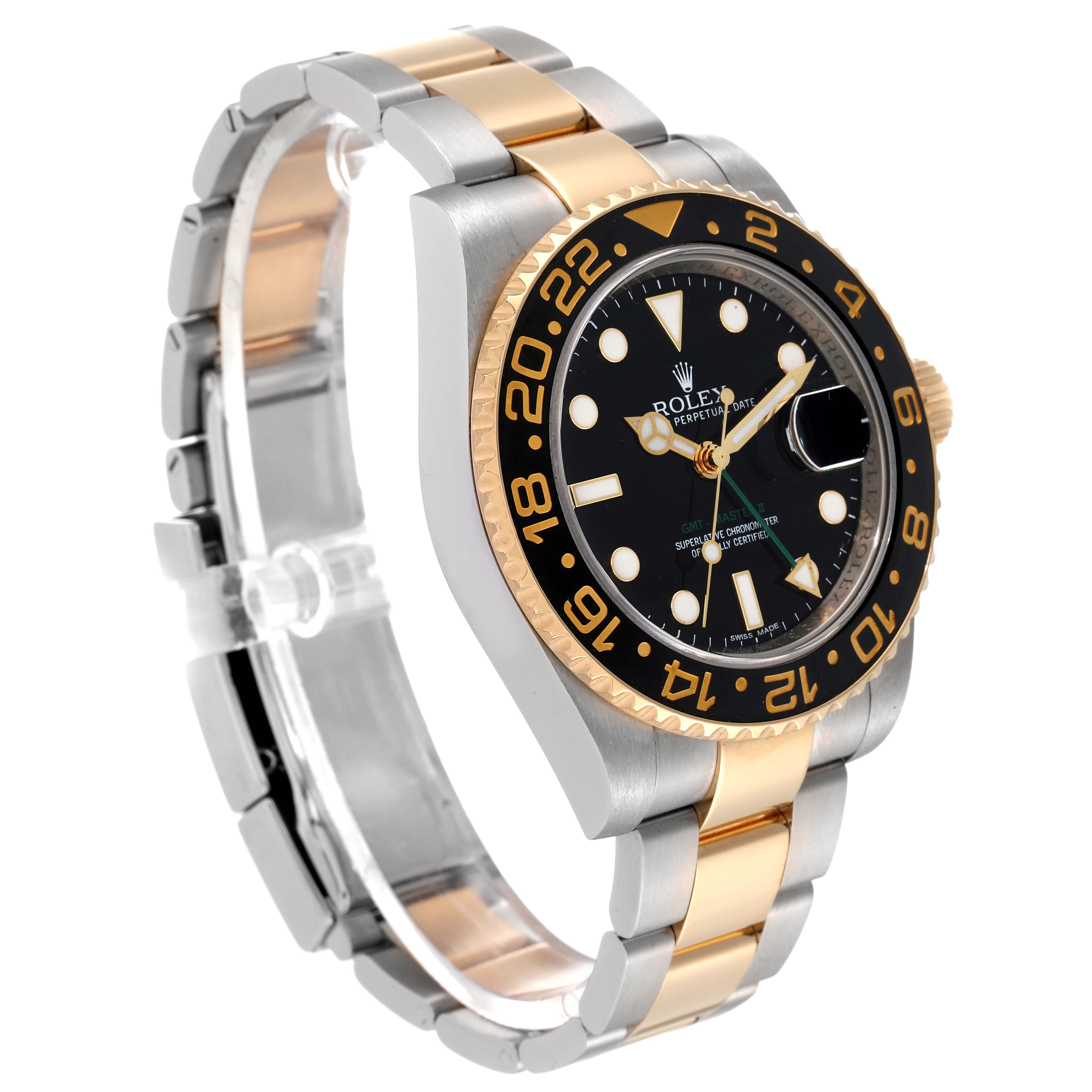 The image shows a side angle view of a Rolex GMT-Master 116713 Men's Steel and Gold (two tone) Black Dial 116713 Men's Steel and Gold (two tone) Black Dial, highlighting its two-tone bracelet, black dial, and bezel.