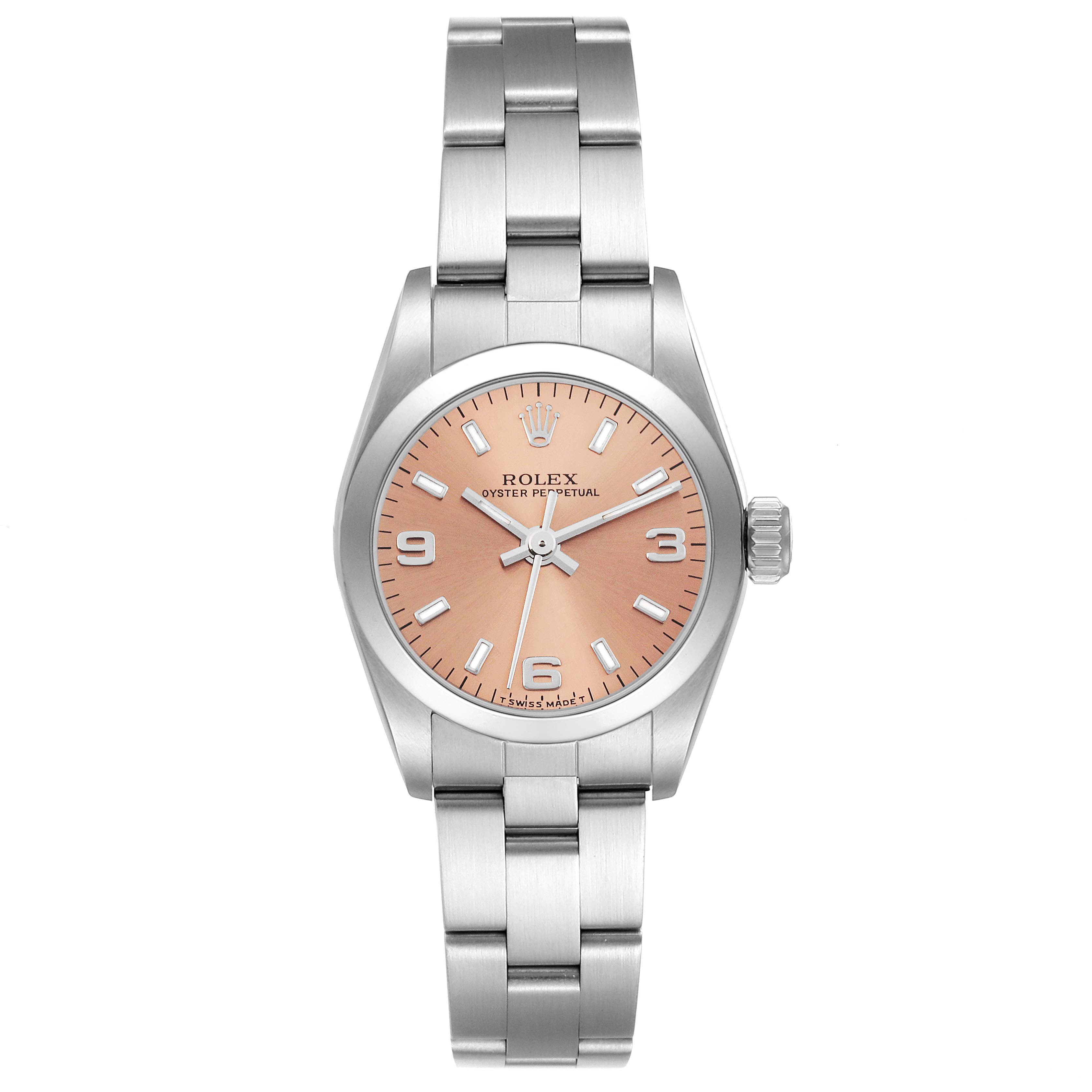 The image shows a front view of a Rolex Oyster Perpetual 67180 Women
s Stainless Steel Pink Dial 67180 Women
s Stainless Steel Pink Dial watch with a pink dial and stainless steel bracelet.