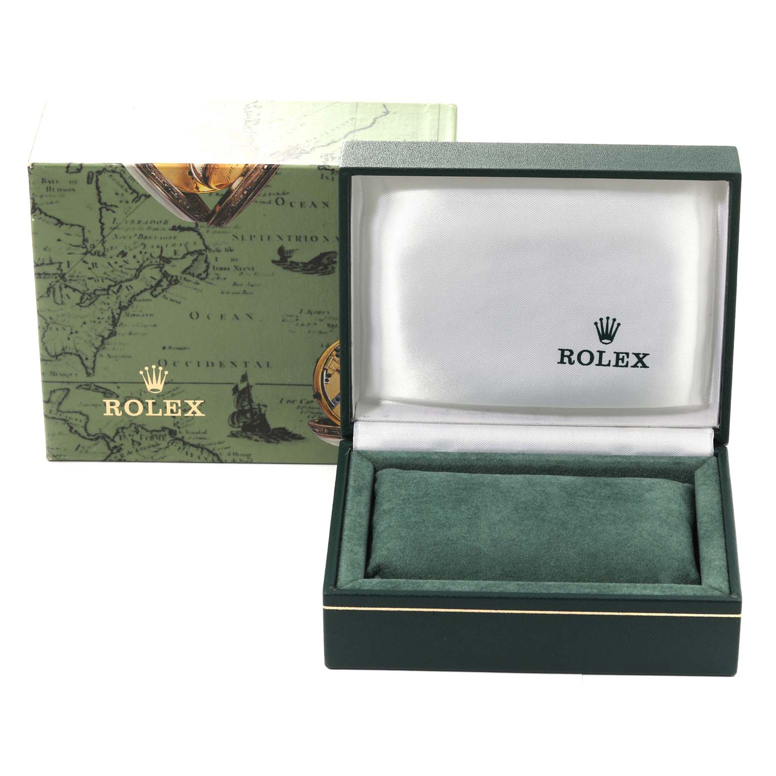 The image shows an empty Rolex watch box and outer packaging for an Oyster Perpetual model, viewed from the front.