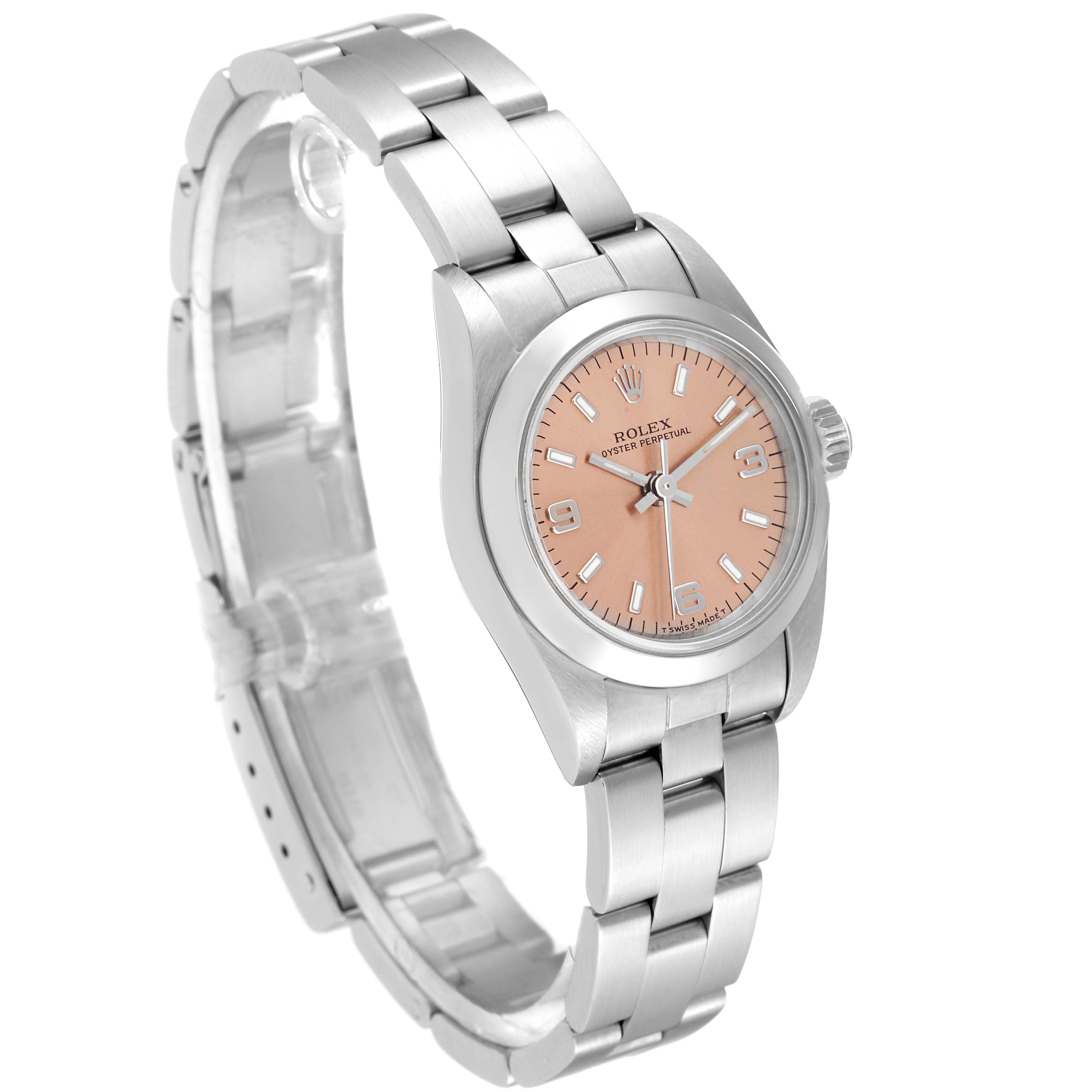 This image shows a Rolex Oyster Perpetual 67180 Women
s Stainless Steel Pink Dial 67180 Women
s Stainless Steel Pink Dial watch at a three-quarter angle, highlighting its bracelet, dial, and crown.