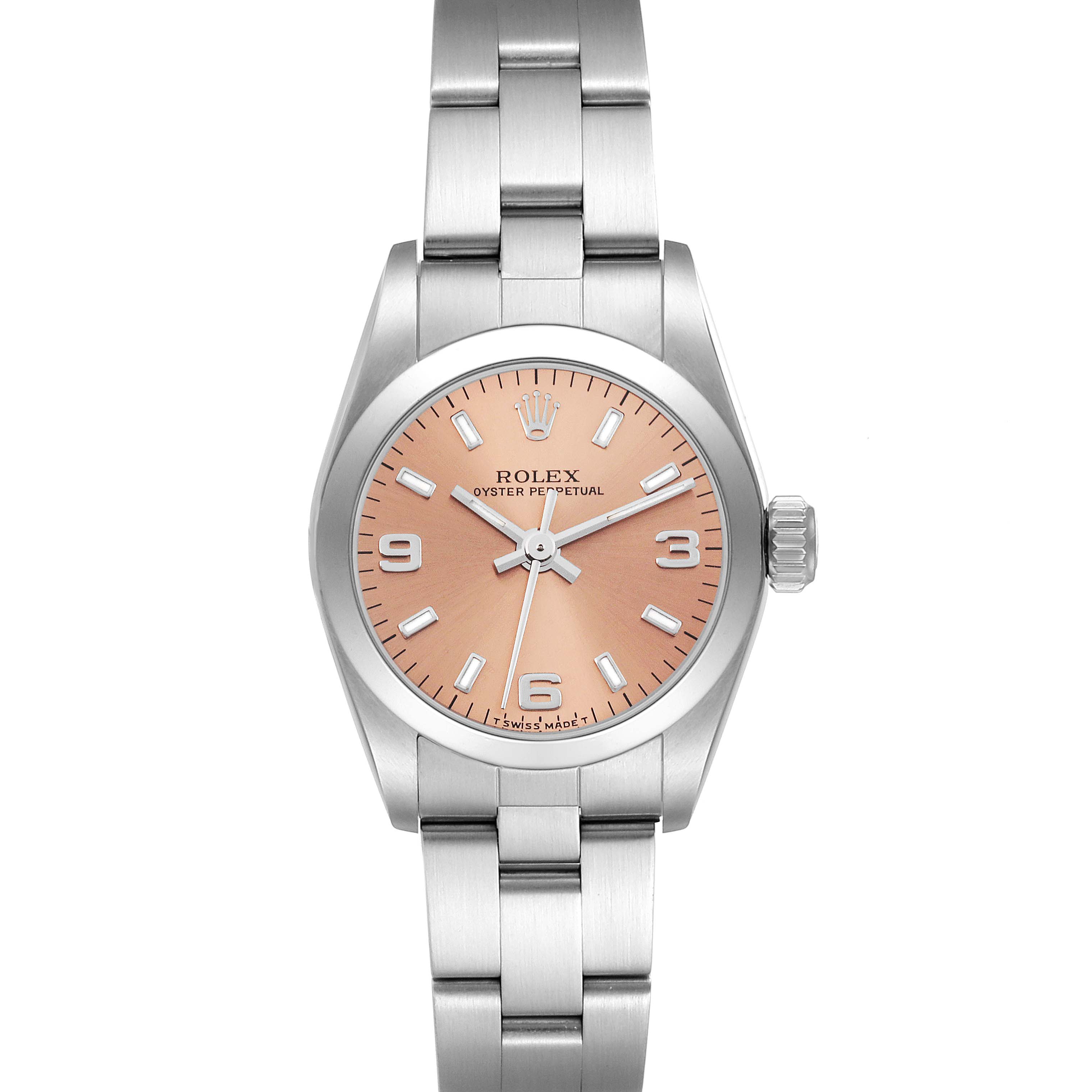 This image shows a Rolex Oyster Perpetual 67180 Women
s Stainless Steel Pink Dial 67180 Women
s Stainless Steel Pink Dial watch from a front angle, highlighting its dial, case, and metal bracelet.