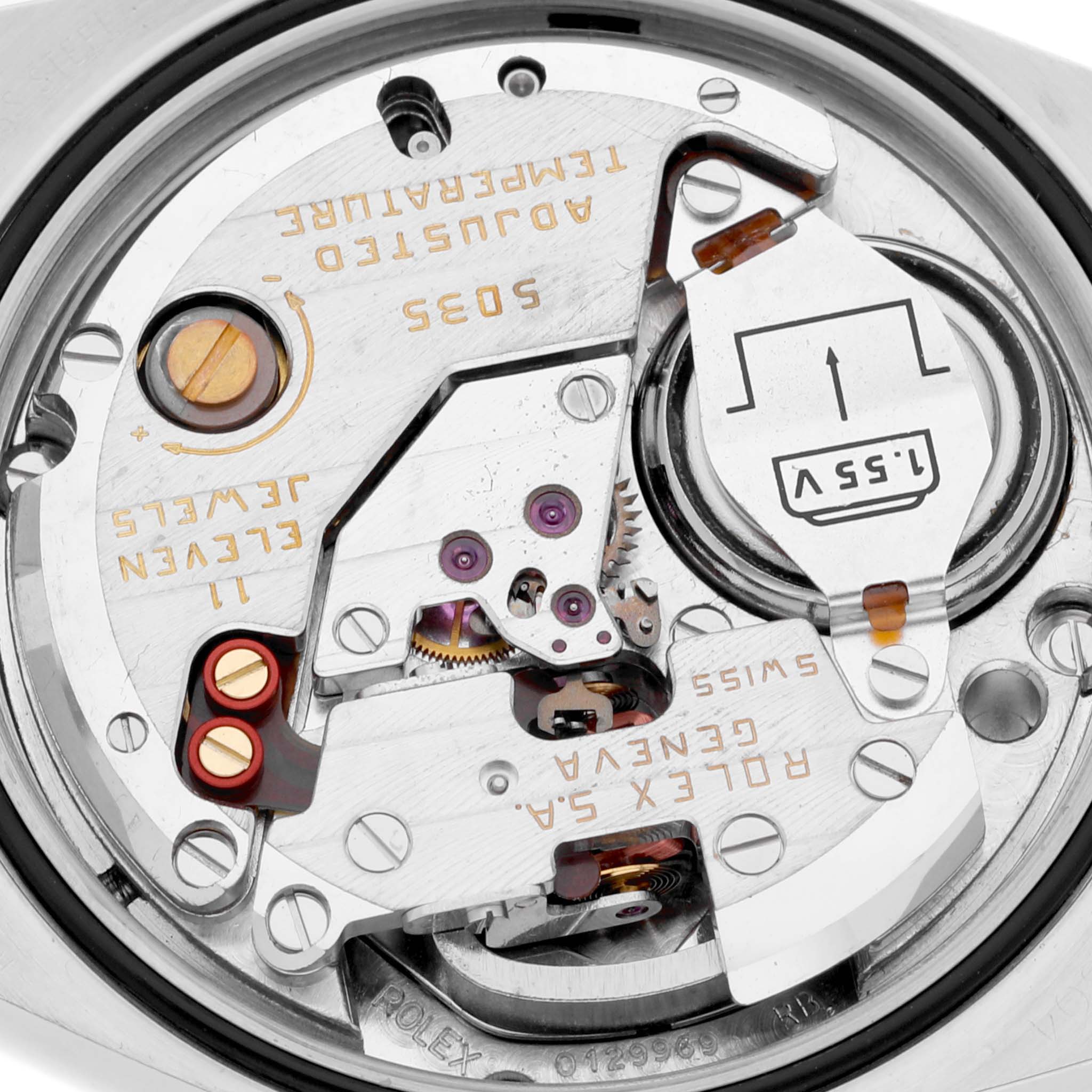 This image shows the back view of the Rolex Oysterquartz 17014 Men
s Stainless Steel Grey Dial 17014 Men
s Stainless Steel Grey Dial watch, highlighting the internal mechanics and movement components.
