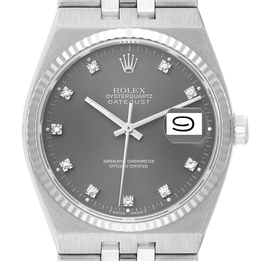 Rolex Oysterquartz Datejust Steel White Gold Diamond Dial Mens Watch 17014 SwissWatchExpo