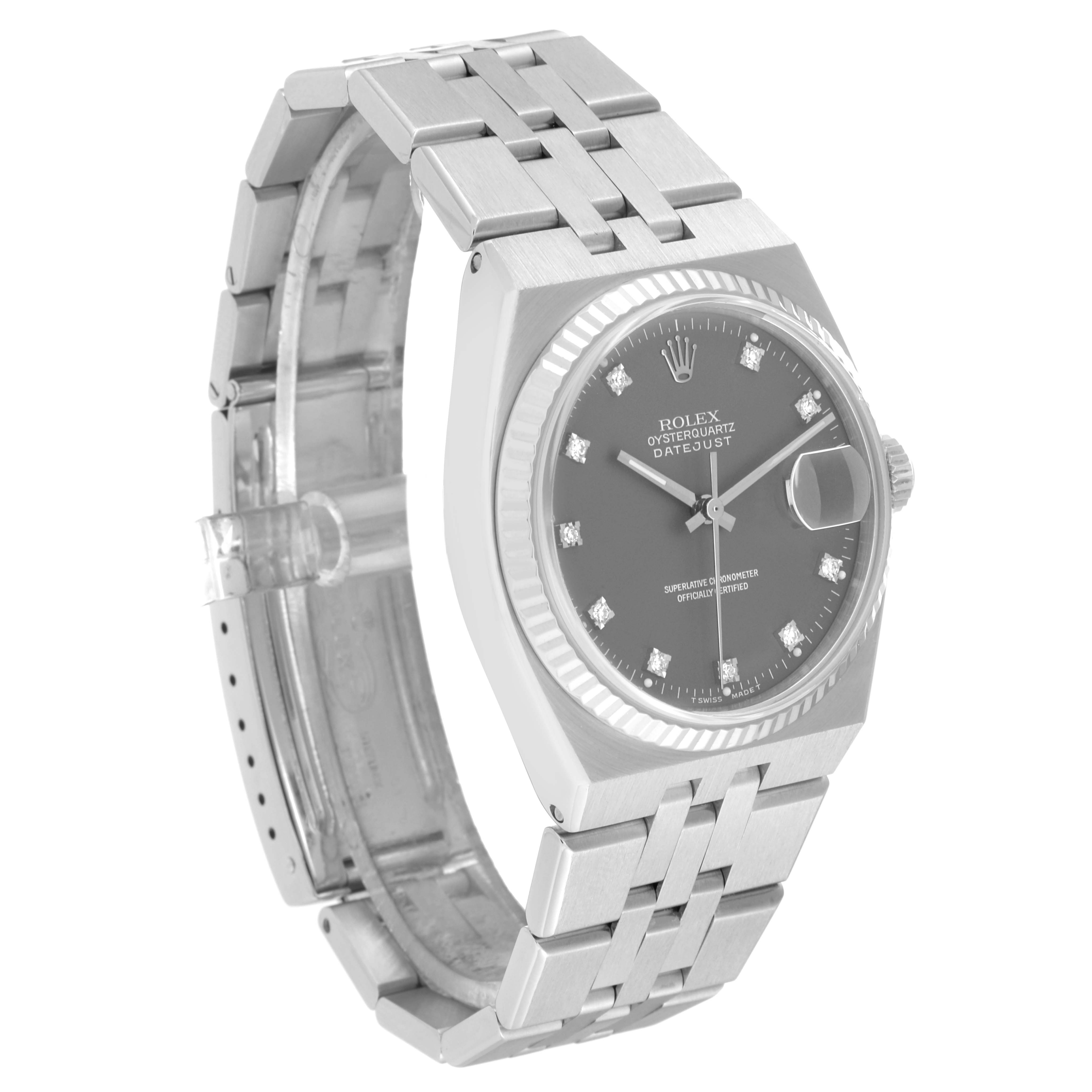The Rolex Oysterquartz 17014 Men
s Stainless Steel Grey Dial 17014 Men
s Stainless Steel Grey Dial watch is shown at a front-left angle, highlighting its face, bezel, and bracelet.