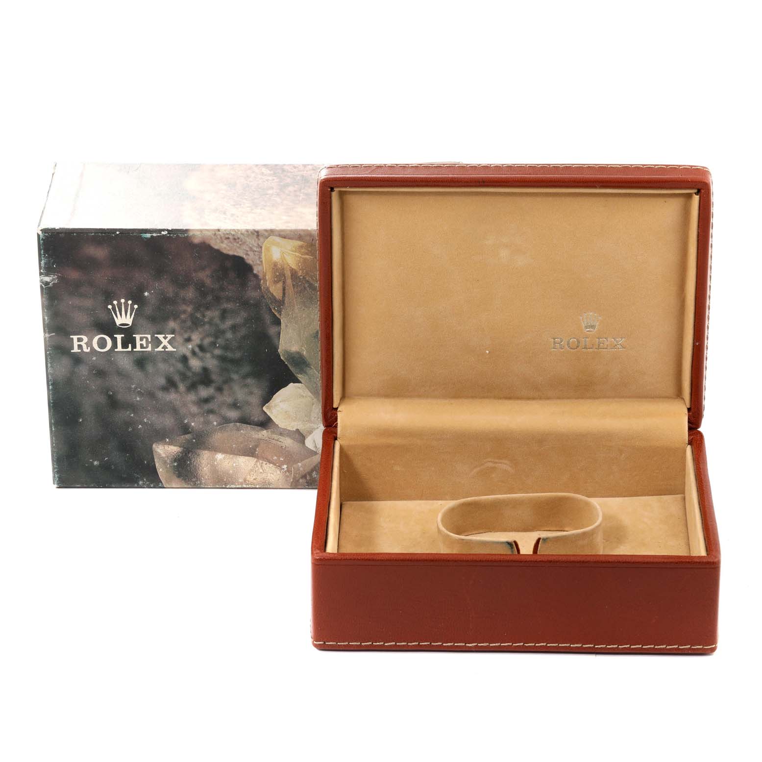 The image shows a Rolex President 19018 Men
s Yellow Gold Champagne Dial 19018 Men
s Yellow Gold Champagne Dial model watch box and outer packaging, with the box open and empty.