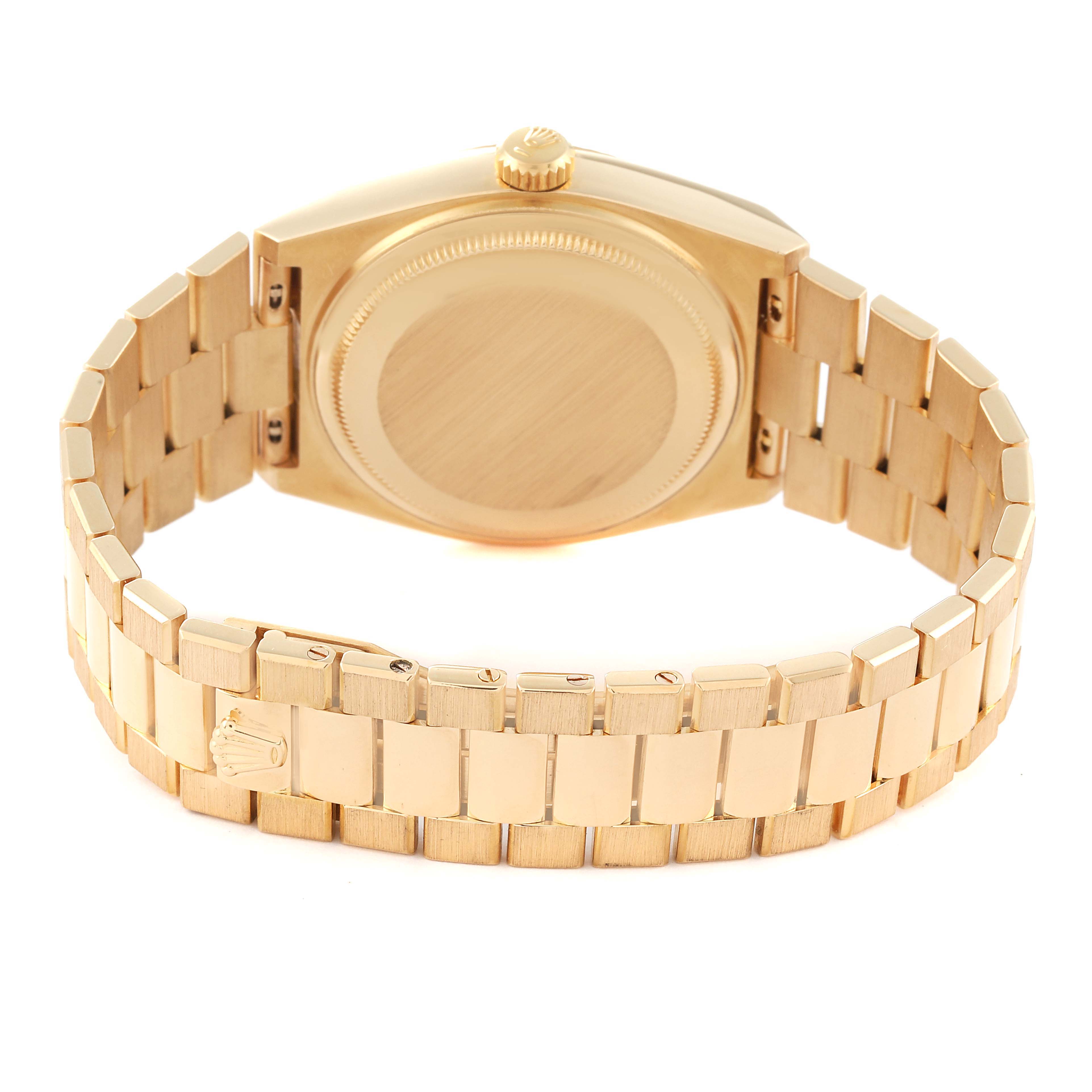 This image shows the back and bracelet of a Rolex President 19018 Men
s Yellow Gold Champagne Dial 19018 Men
s Yellow Gold Champagne Dial model watch from an angled rear view.