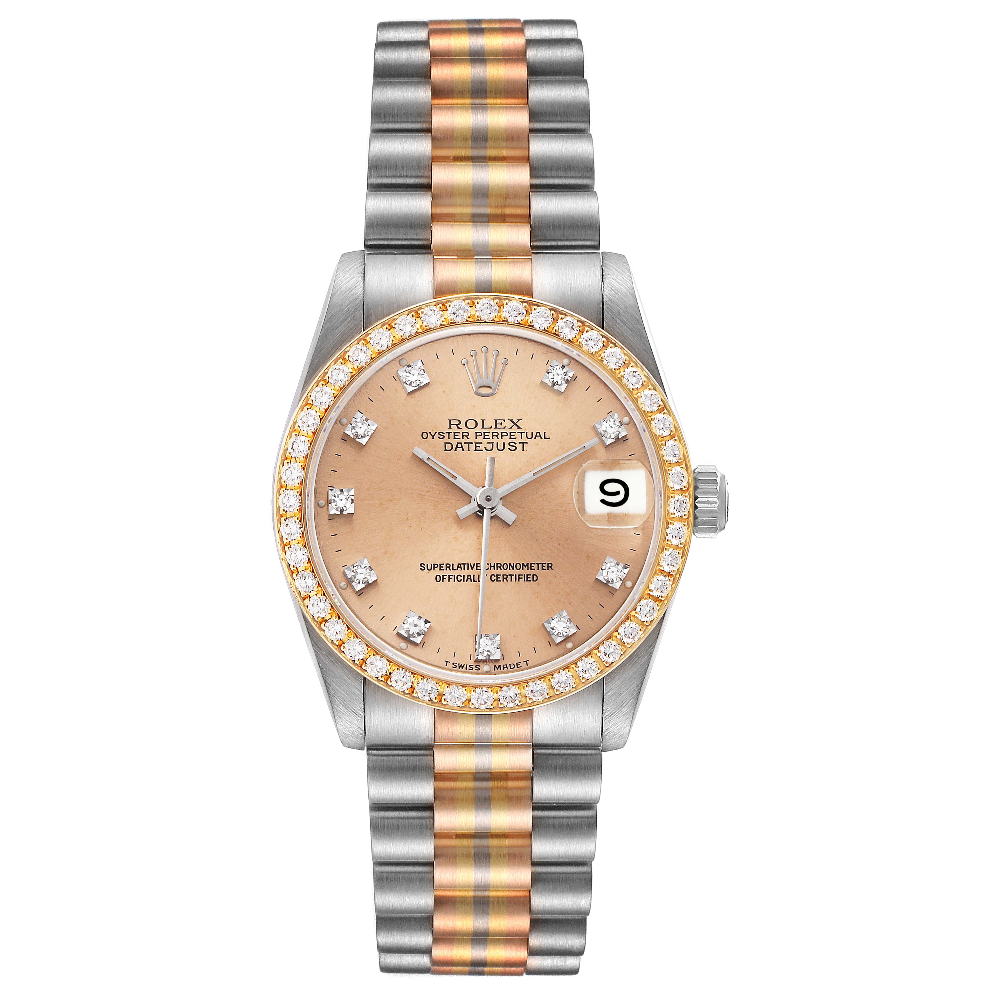 The image shows a front view of a Rolex President 68289 Women's Steel and Gold (two tone) Brown Dial 68289 Women's Steel and Gold (two tone) Brown Dial Datejust watch, highlighting the dial, bezel, and two-tone bracelet.