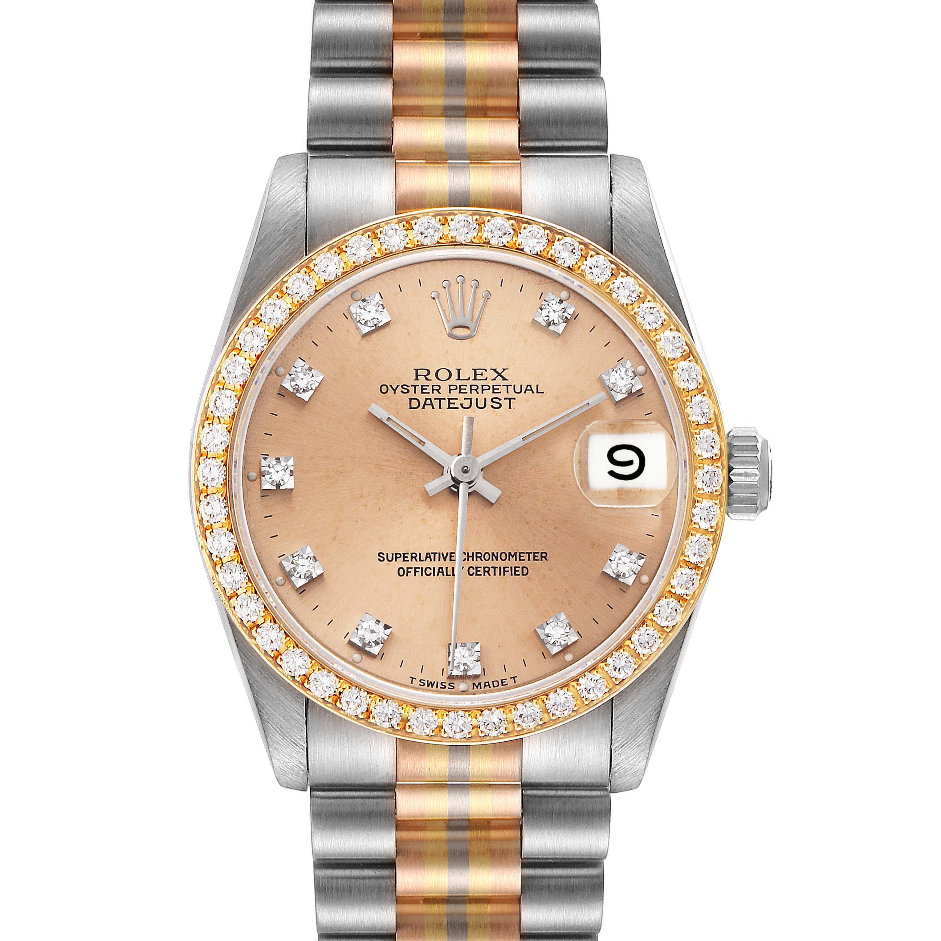 The image shows a Rolex President 68289 Women's Steel and Gold (two tone) Brown Dial 68289 Women's Steel and Gold (two tone) Brown Dial model watch from a front view, highlighting the face, bezel, and bracelet.
