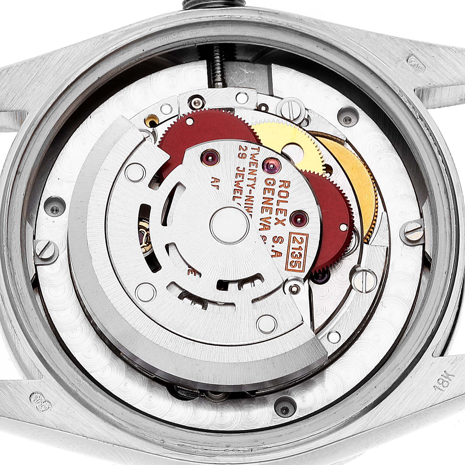 The image shows the internal movement mechanism of a Rolex President 68289 Women's Steel and Gold (two tone) Brown Dial 68289 Women's Steel and Gold (two tone) Brown Dial model watch viewed from the back.