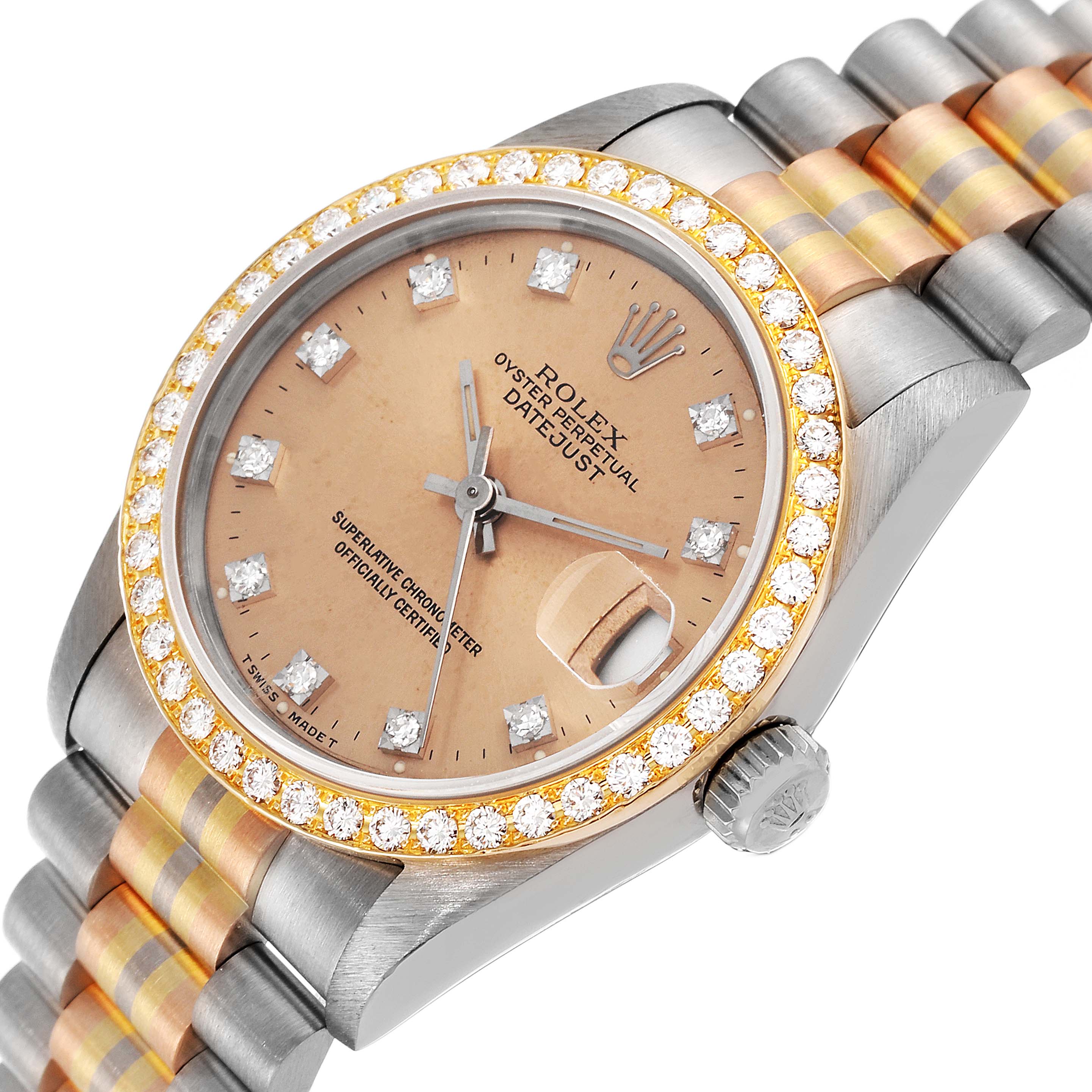 The image shows the face and part of the band of a Rolex President 68289 Women's Steel and Gold (two tone) Brown Dial 68289 Women's Steel and Gold (two tone) Brown Dial model watch, viewed from an oblique angle.
