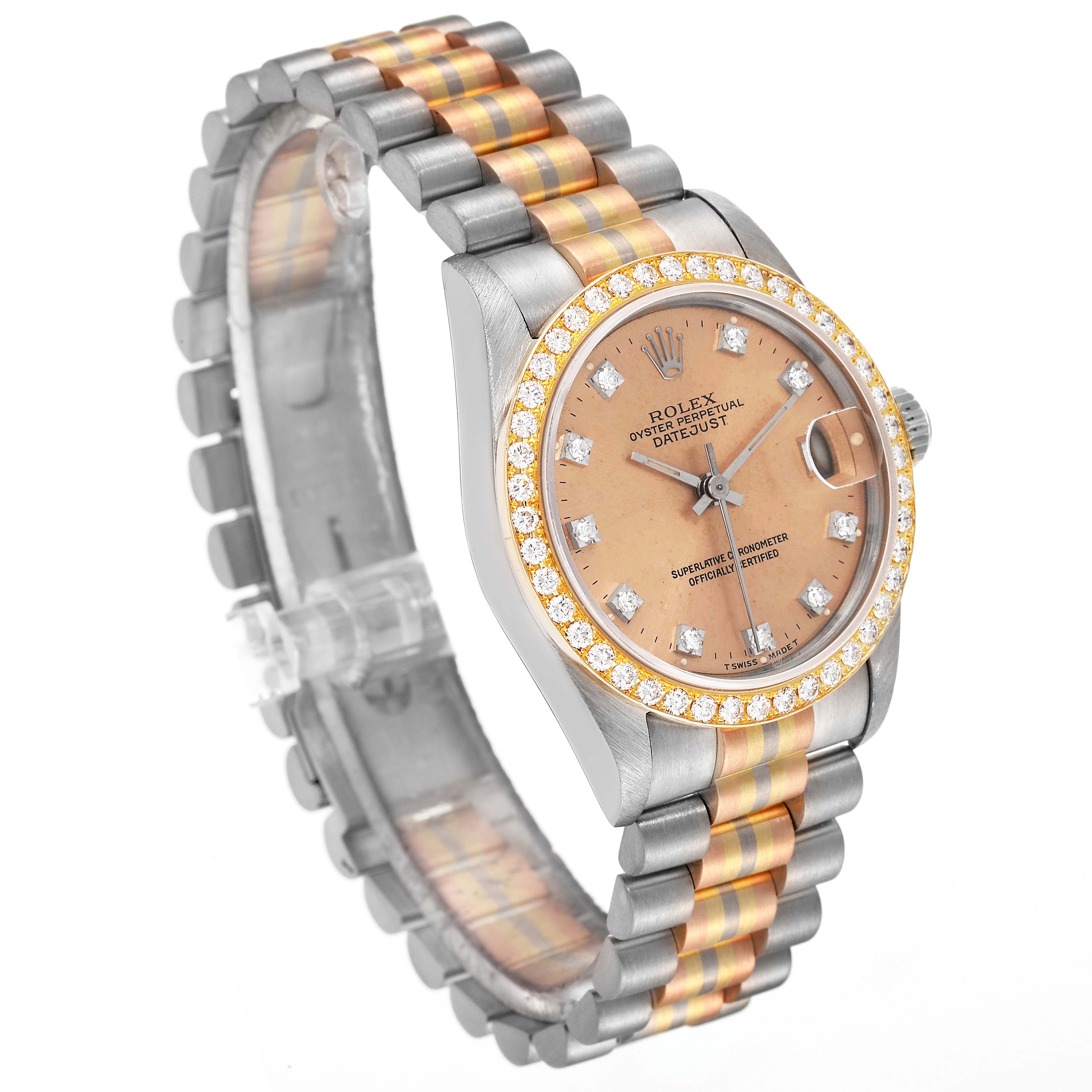 The image shows a side angle of the Rolex President 68289 Women's Steel and Gold (two tone) Brown Dial 68289 Women's Steel and Gold (two tone) Brown Dial model, displaying the watch face, bezel, and bracelet.