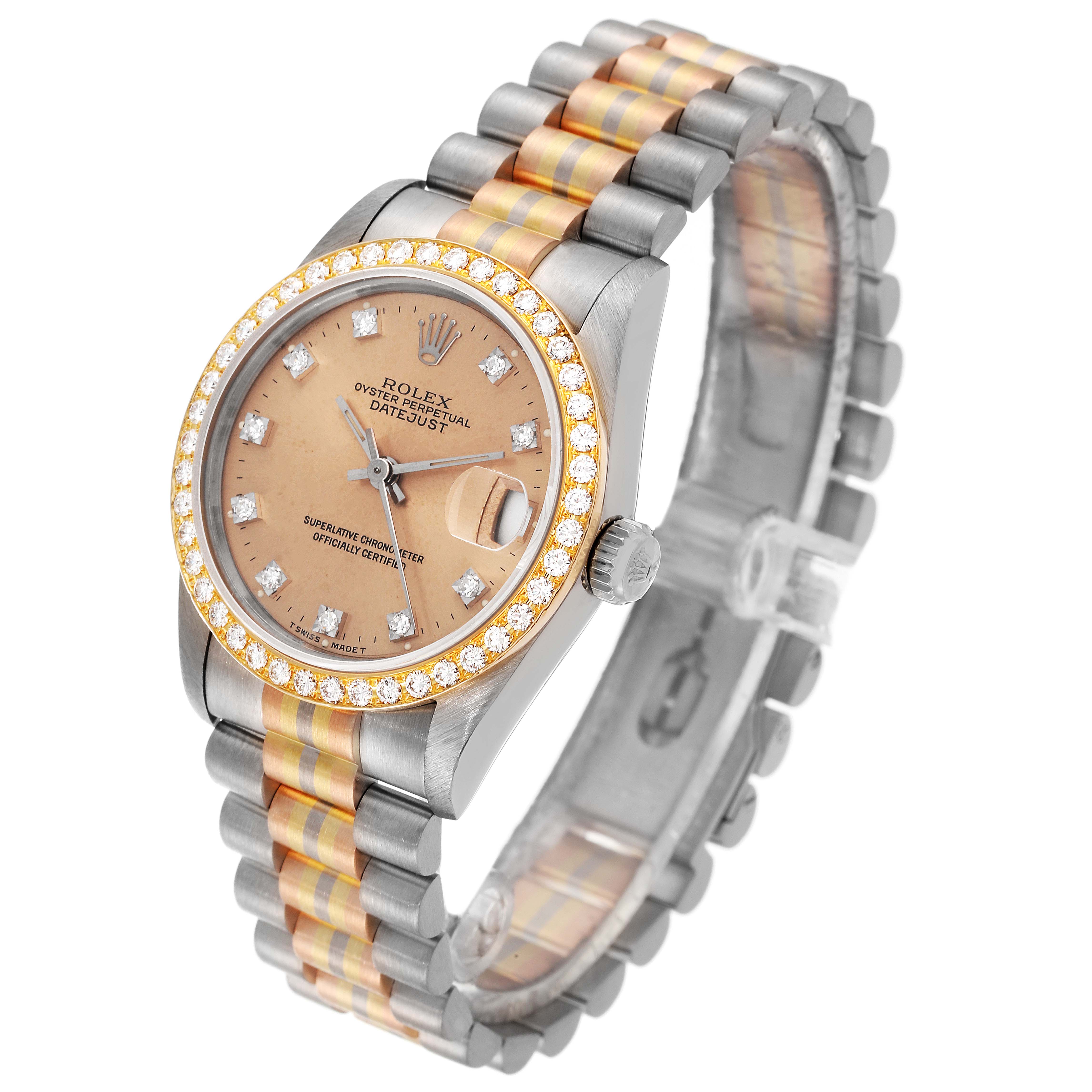 The image shows a Rolex President 68289 Women's Steel and Gold (two tone) Brown Dial 68289 Women's Steel and Gold (two tone) Brown Dial model watch viewed at an angle displaying the face, bezel, crown, and bracelet.