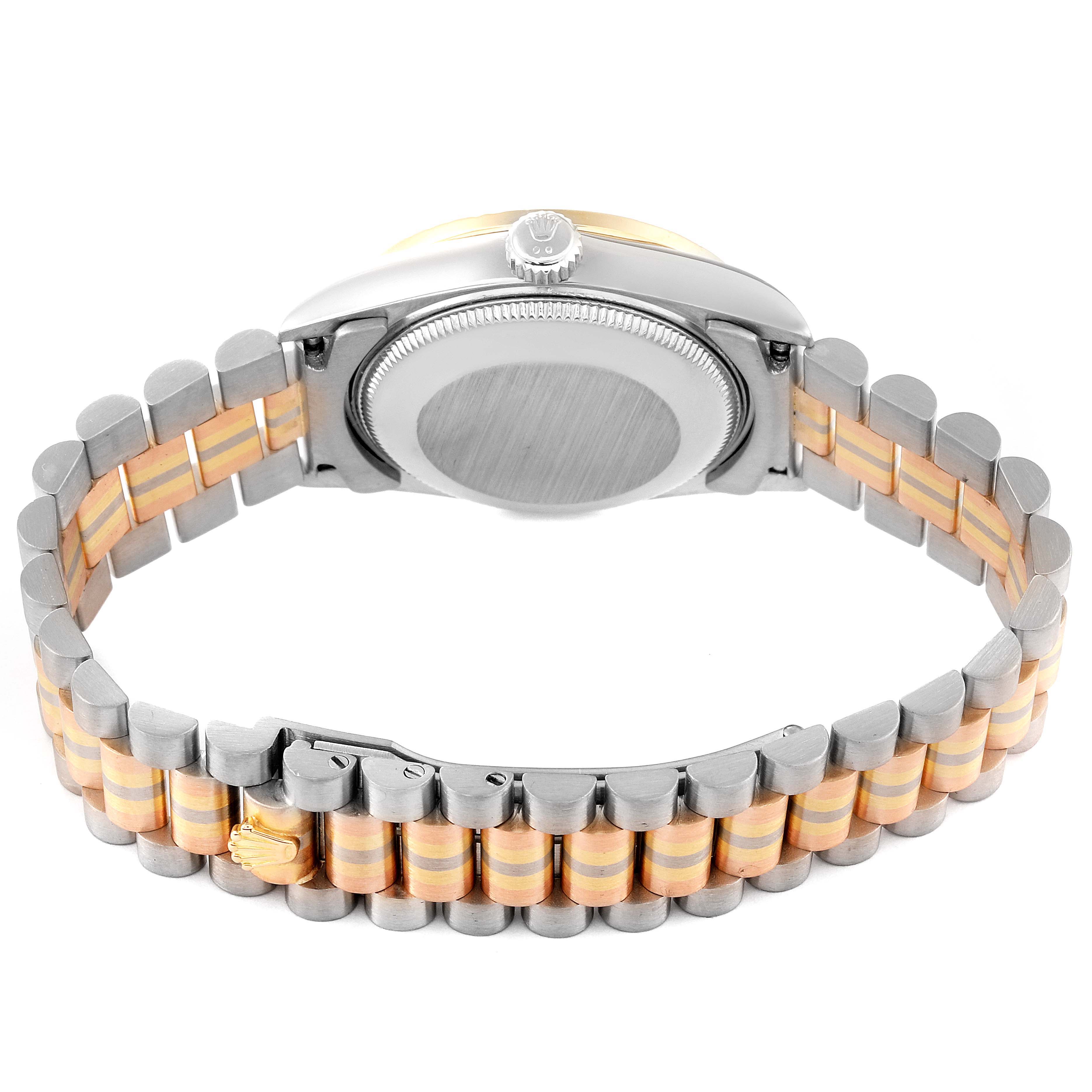 The image shows the back view of a Rolex President 68289 Women's Steel and Gold (two tone) Brown Dial 68289 Women's Steel and Gold (two tone) Brown Dial model watch, highlighting the case back and two-tone bracelet.