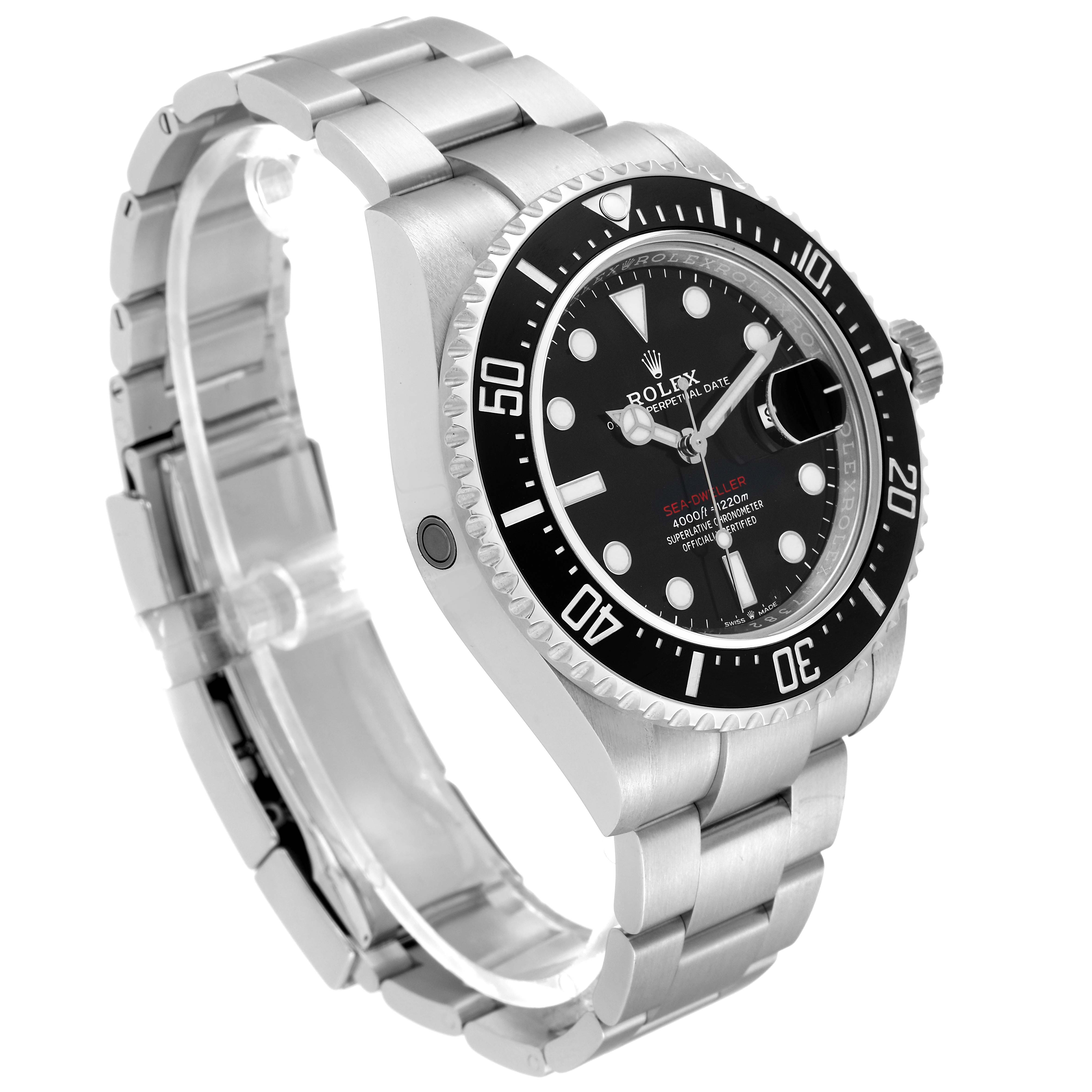 The image shows a 3/4 angle view of a Rolex Sea-Dweller 126600 Men
s Stainless Steel Black Dial 126600 Men
s Stainless Steel Black Dial watch displaying its face, bezel, dial, and bracelet.