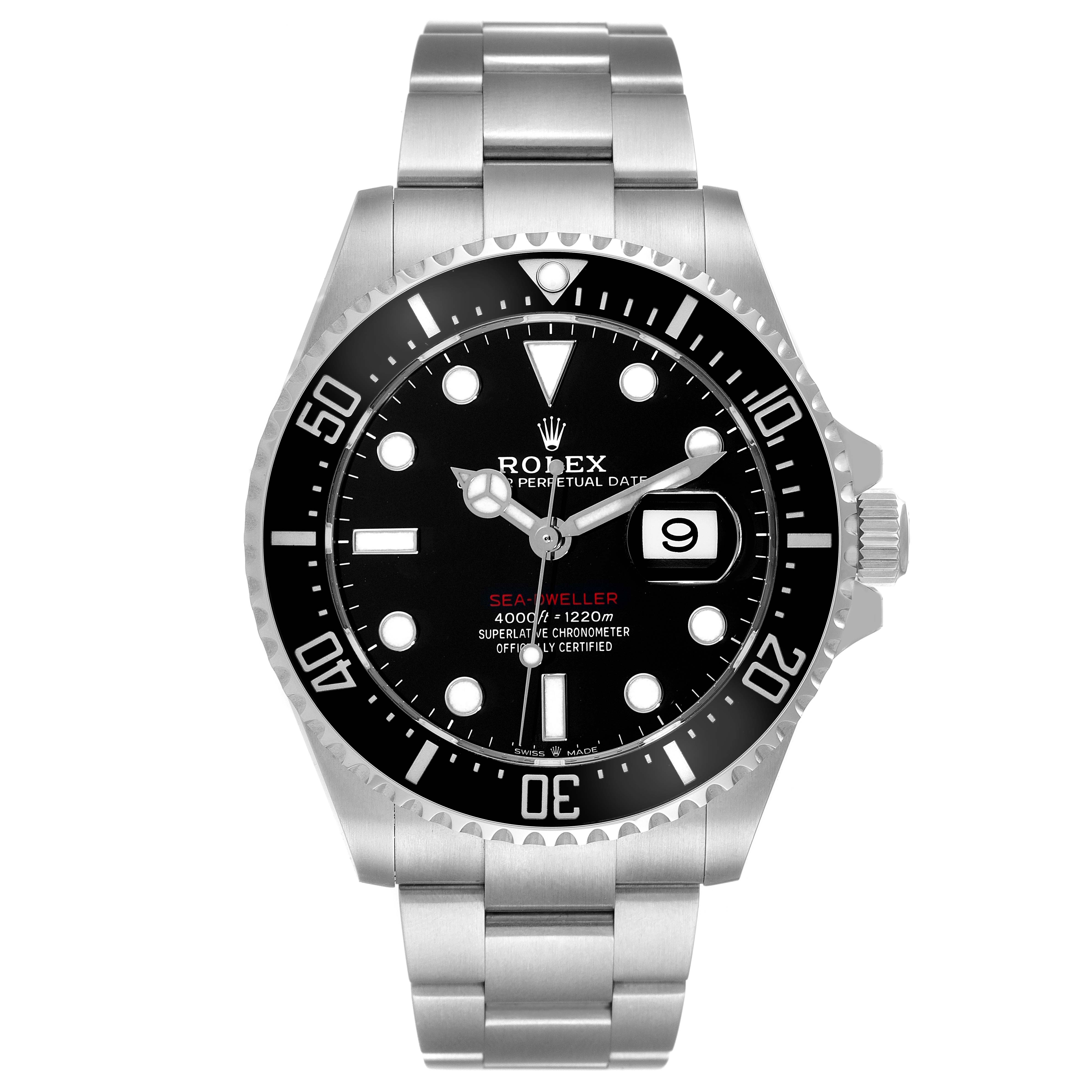 The image shows a front view of the Rolex Sea-Dweller 126600 Men
s Stainless Steel Black Dial 126600 Men
s Stainless Steel Black Dial watch, highlighting its black dial, bezel, and date window at 3 o
clock.