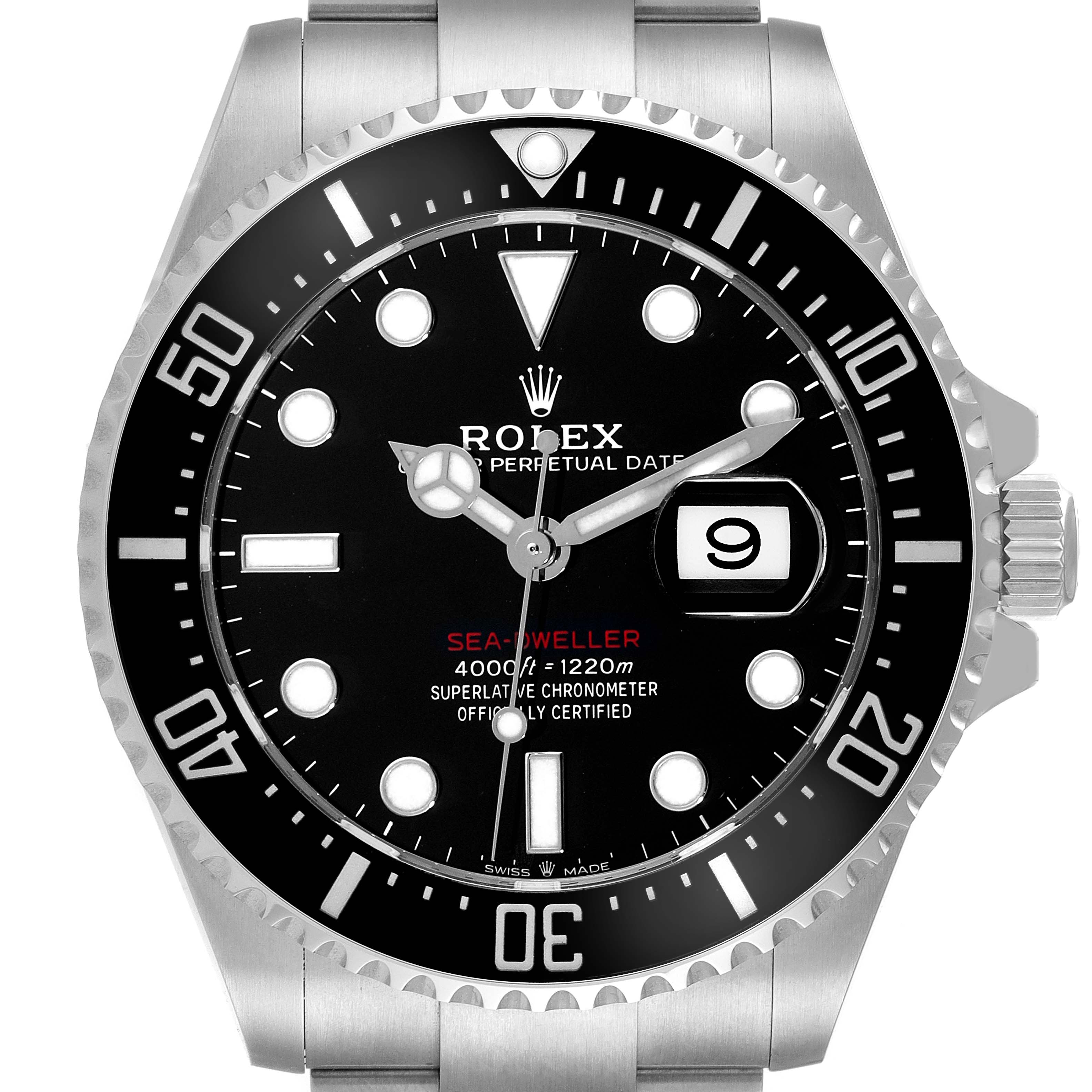 This image shows a front view of the Rolex Sea-Dweller 126600 Men
s Stainless Steel Black Dial 126600 Men
s Stainless Steel Black Dial watch, featuring its bezel, dial, hands, date window, and bracelet.