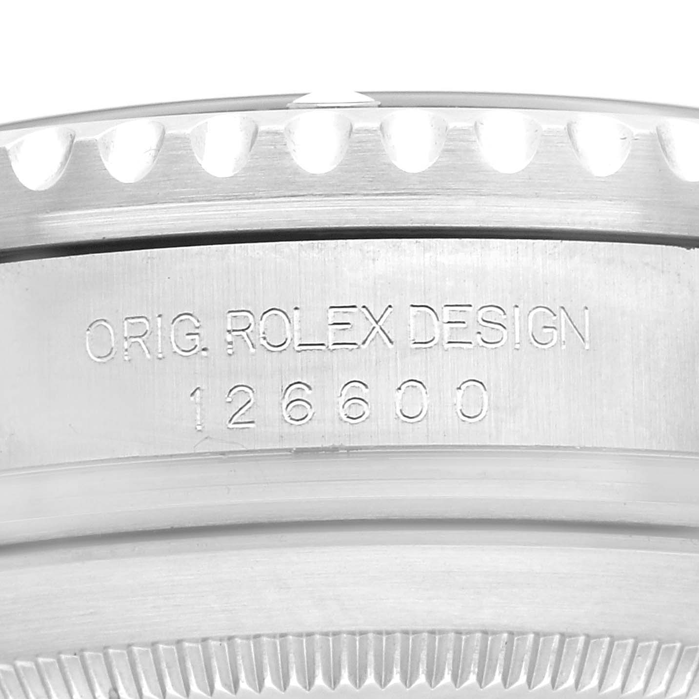 This image shows a close-up angle of the case side engraving on a Rolex Sea-Dweller 126600 Men
s Stainless Steel Black Dial 126600 Men
s Stainless Steel Black Dial model 126600.