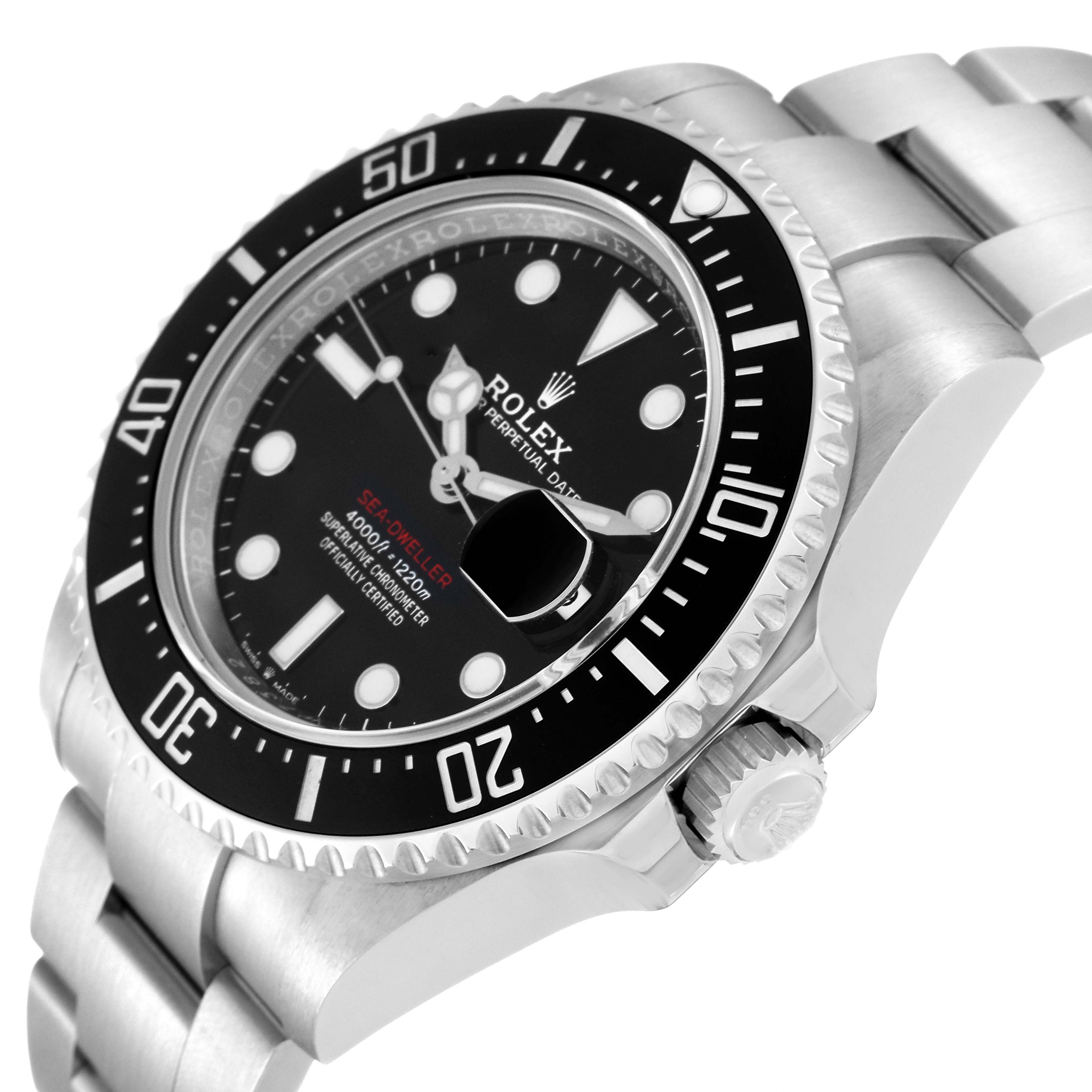 The image shows a Rolex Sea-Dweller 126600 Men
s Stainless Steel Black Dial 126600 Men
s Stainless Steel Black Dial watch at an angle emphasizing the face, bezel, and part of the bracelet.