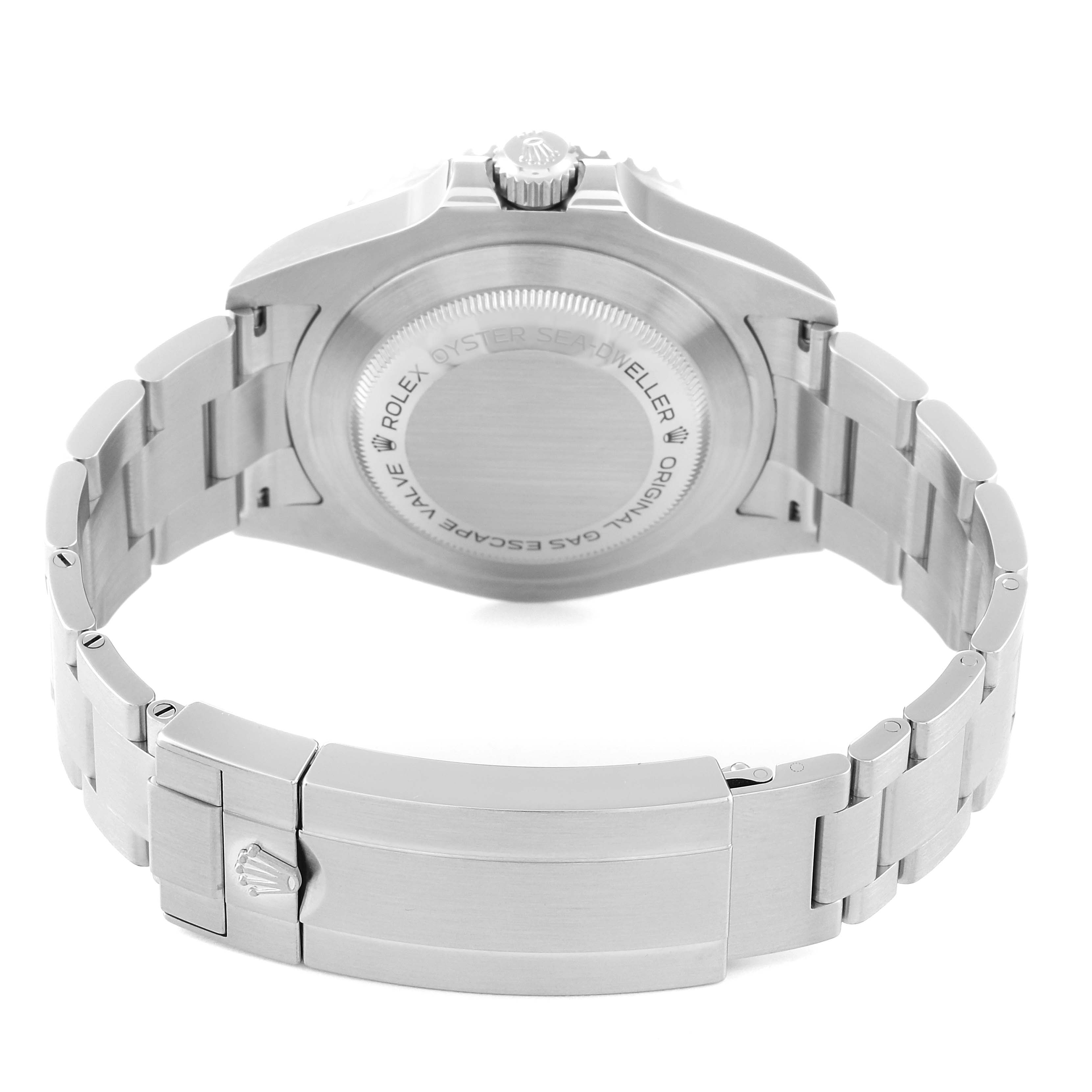 The image shows the back view of a Rolex Sea-Dweller 126600 Men
s Stainless Steel Black Dial 126600 Men
s Stainless Steel Black Dial watch, highlighting the case back and bracelet with deployment clasp.