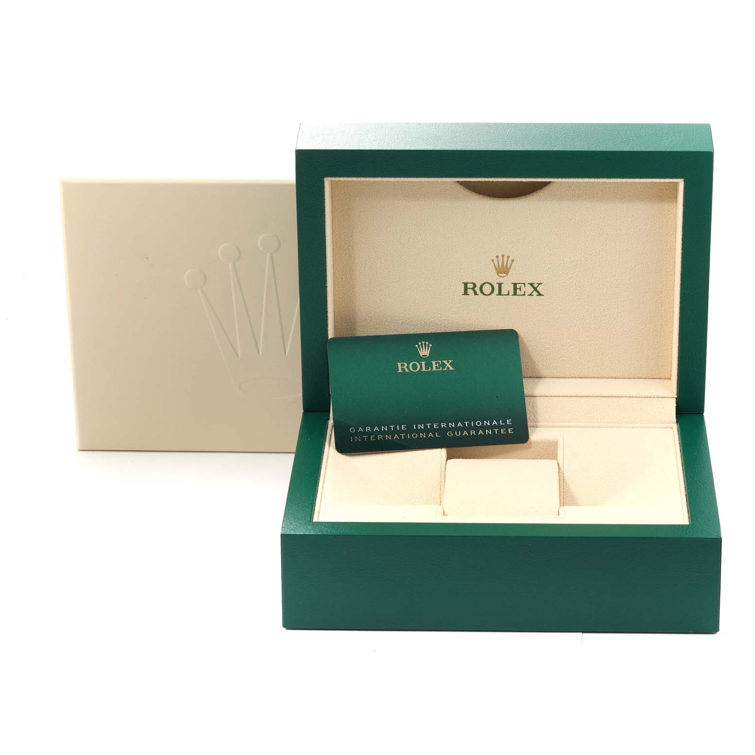 The image shows the open box and warranty card for a Rolex Sea-Dweller 126600 Men
s Stainless Steel Black Dial 126600 Men
s Stainless Steel Black Dial watch, viewed from the front.