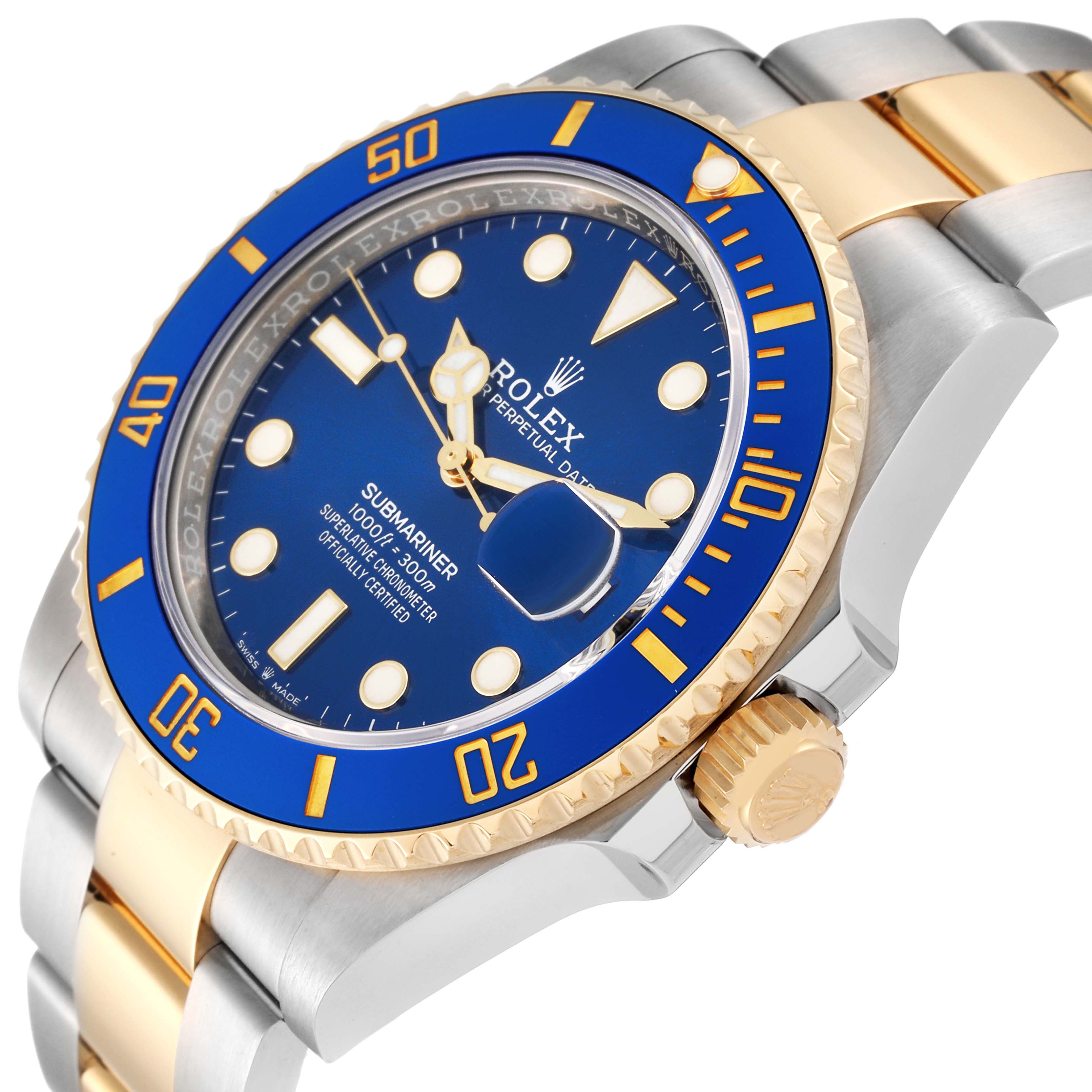 The image shows a close-up, side-angle view of a Rolex Submariner 126613LB Men
s Steel and Gold (two tone) Blue Dial 126613LB Men
s Steel and Gold (two tone) Blue Dial watch, featuring its blue bezel, blue dial, and two-tone bracelet.