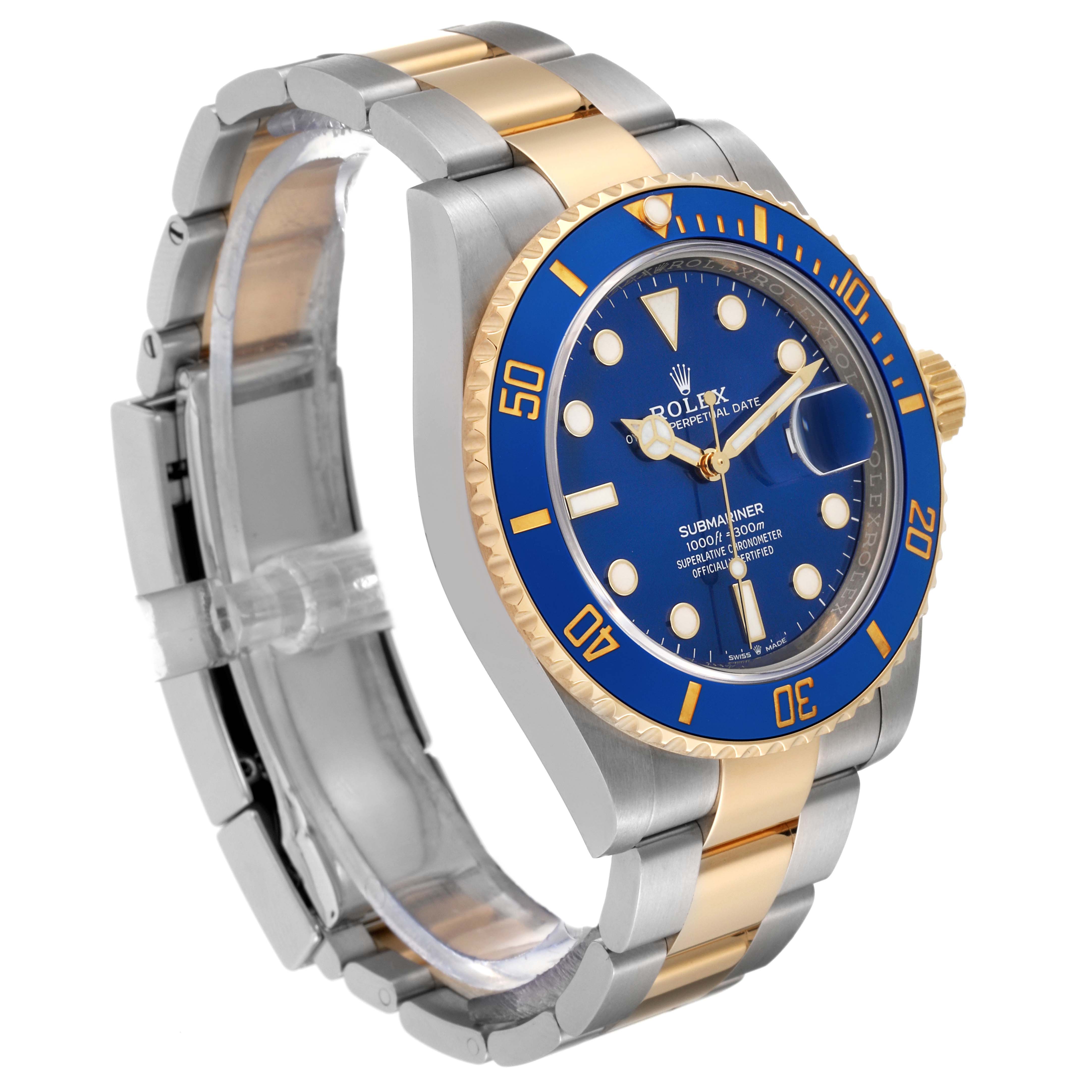 The image shows a Rolex Submariner 126613LB Men
s Steel and Gold (two tone) Blue Dial 126613LB Men
s Steel and Gold (two tone) Blue Dial watch at a three-quarter angle, highlighting its blue dial, bezel, and two-tone bracelet.