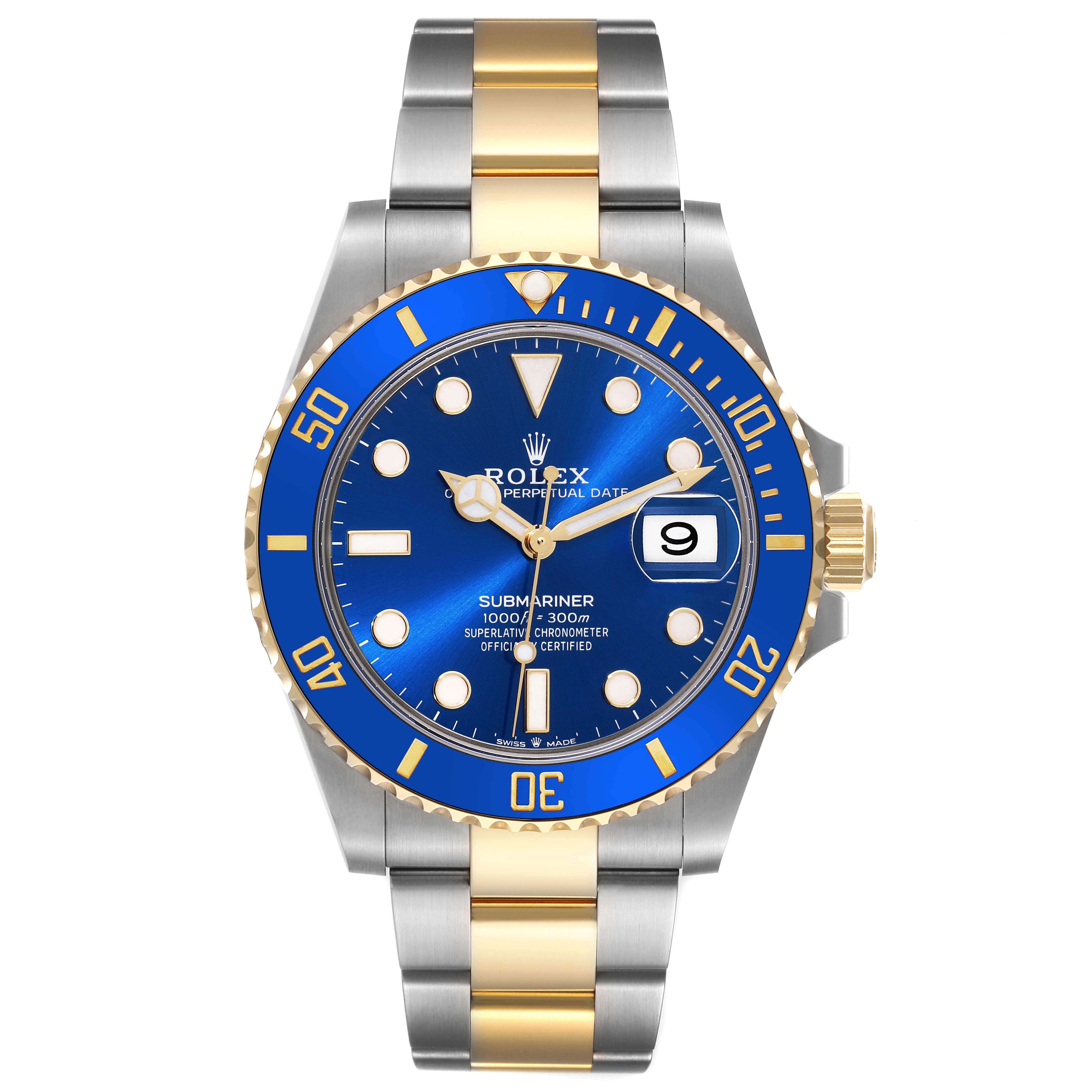 The image shows a frontal view of the Rolex Submariner 126613LB Men
s Steel and Gold (two tone) Blue Dial 126613LB Men
s Steel and Gold (two tone) Blue Dial watch, highlighting the blue dial, bezel, and two-tone bracelet.
