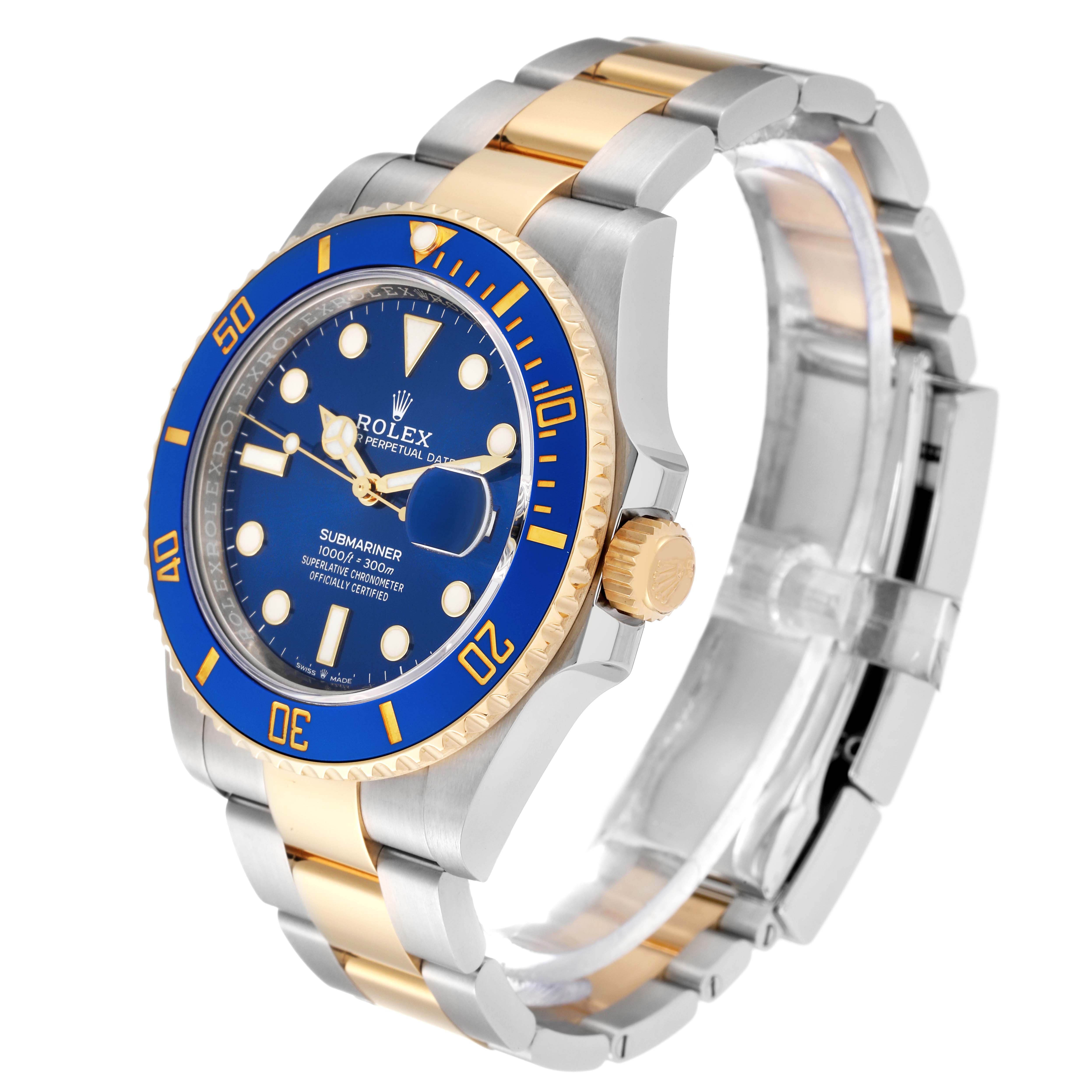 The image shows a Rolex Submariner 126613LB Men
s Steel and Gold (two tone) Blue Dial 126613LB Men
s Steel and Gold (two tone) Blue Dial watch from an angled side view, highlighting the blue dial, bezel, crown, and two-tone bracelet.