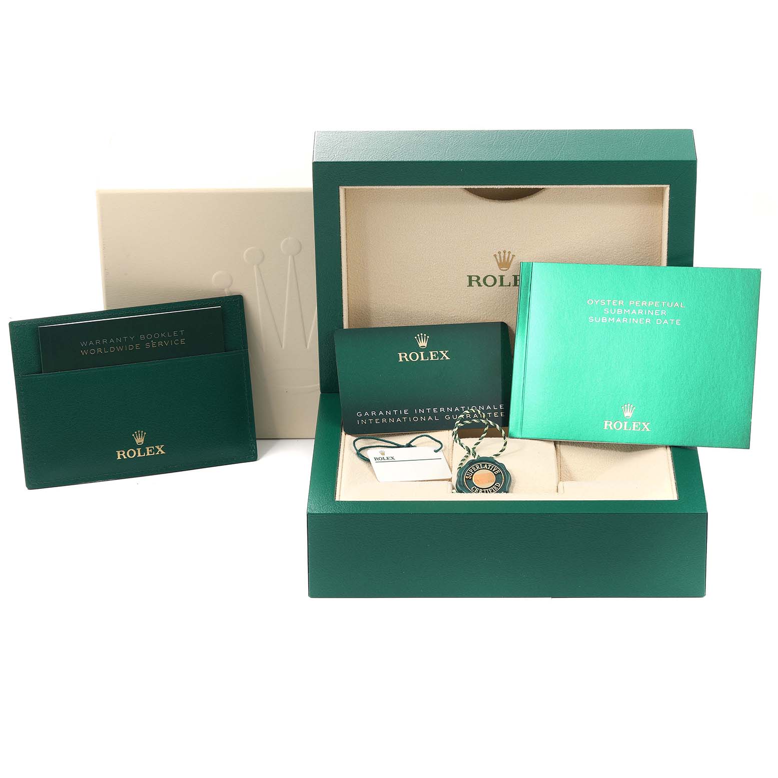 The image shows the box, warranty booklet, guarantee card, and tags of a Rolex Submariner 126613LB Men
s Steel and Gold (two tone) Blue Dial 126613LB Men
s Steel and Gold (two tone) Blue Dial watch.