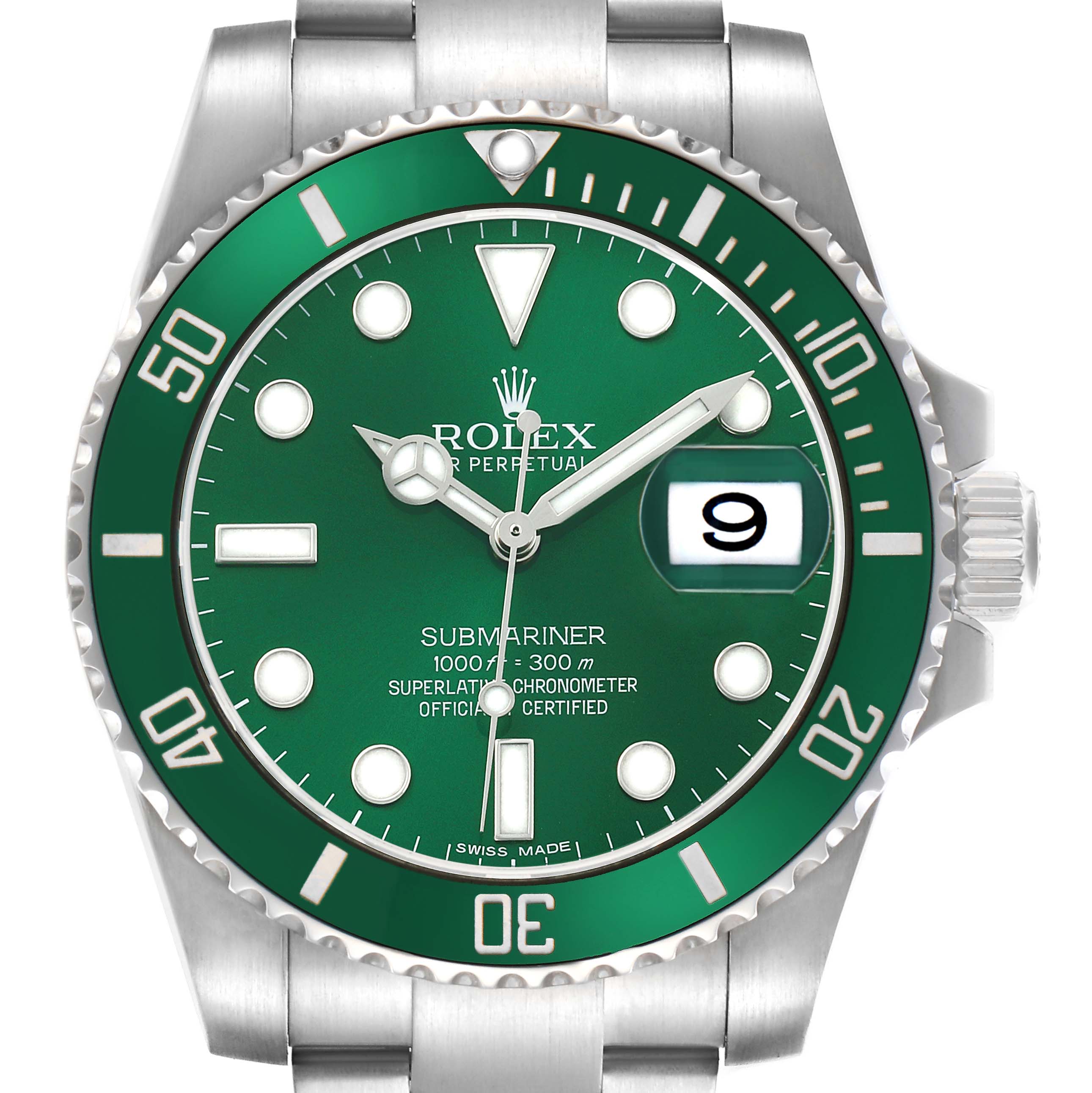 The Rolex Submariner 116610LV Men's Stainless Steel Green Dial watch's front view shows the green dial, bezel, and stainless steel bracelet.