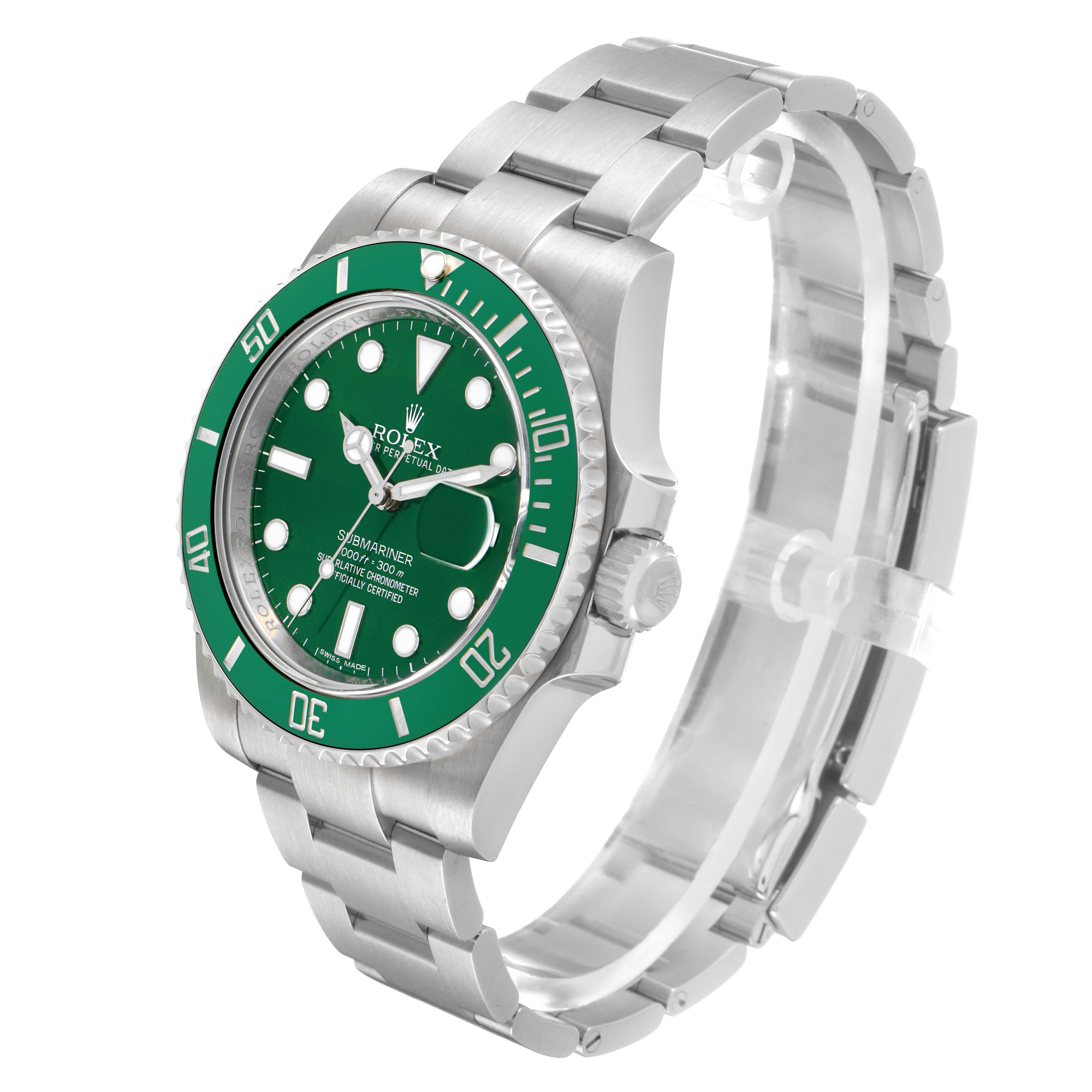 The Rolex Submariner 116610LV Men's Stainless Steel Green Dial watch is shown at an angled side view, highlighting the bezel, dial, crown, and bracelet.