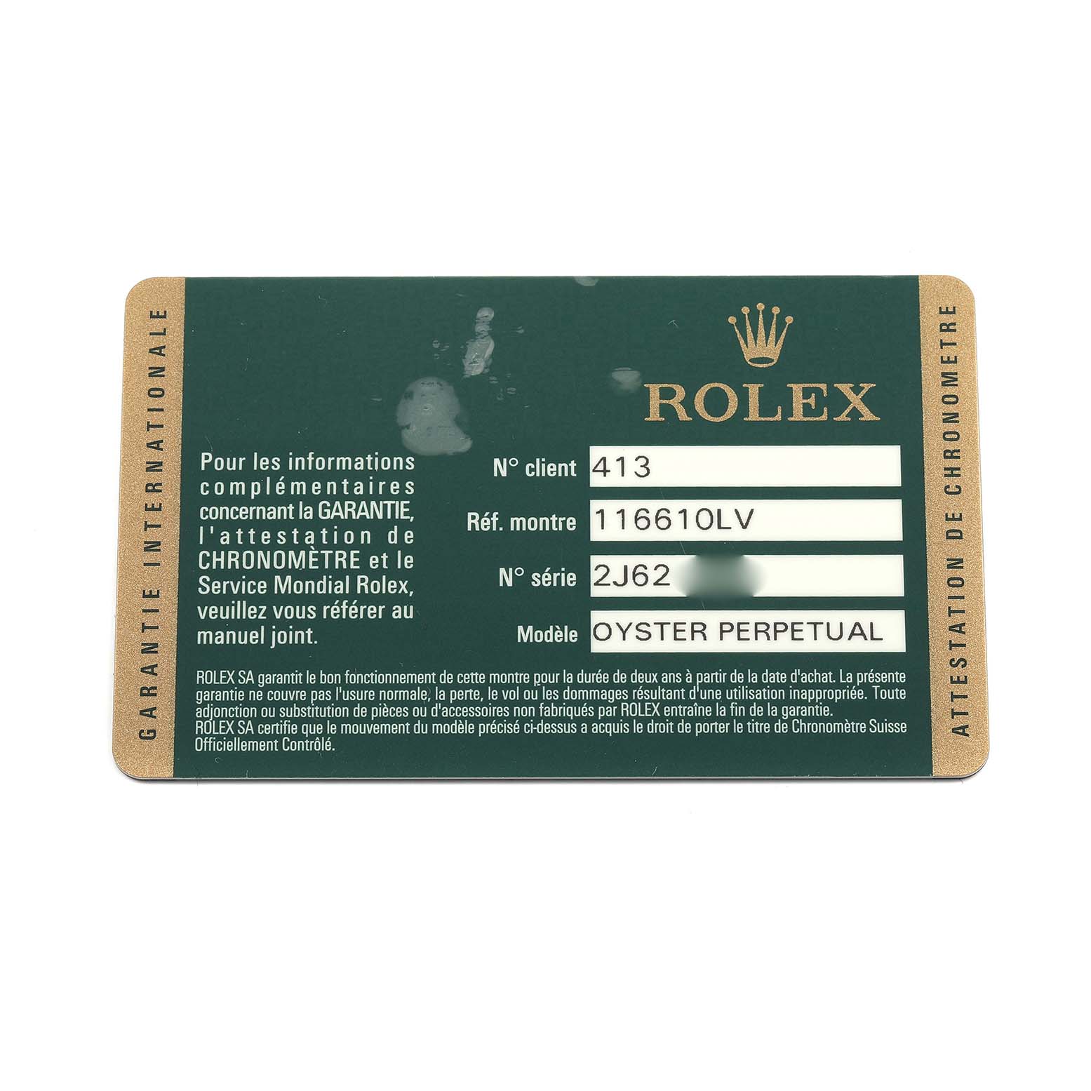 The image shows a warranty card for a Rolex Submariner 116610LV Men's Stainless Steel Green Dial Oyster Perpetual model, including reference and serial numbers.
