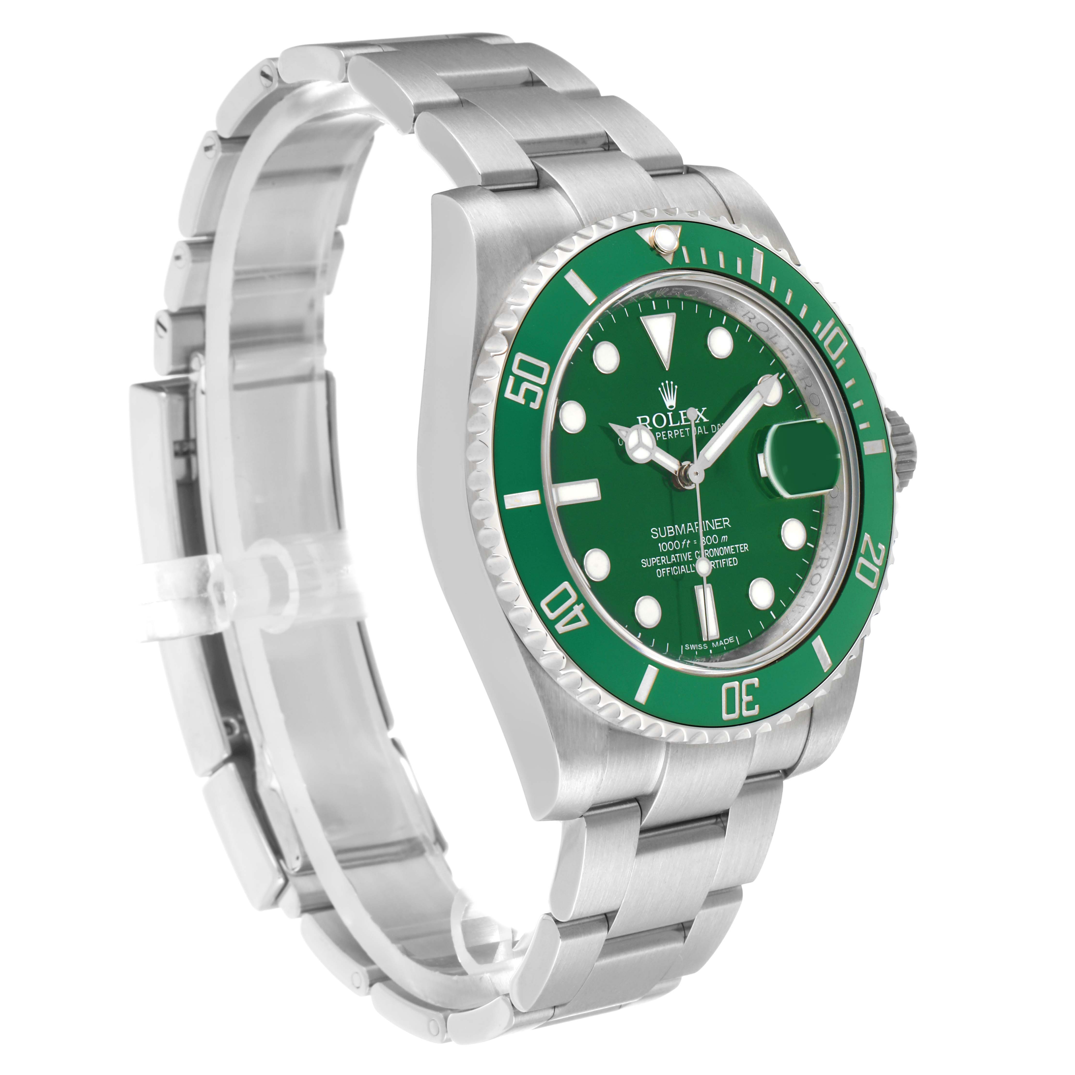 The Rolex Submariner 116610LV Men's Stainless Steel Green Dial is shown from a front-side angle, highlighting its green dial, bezel, and silver bracelet.