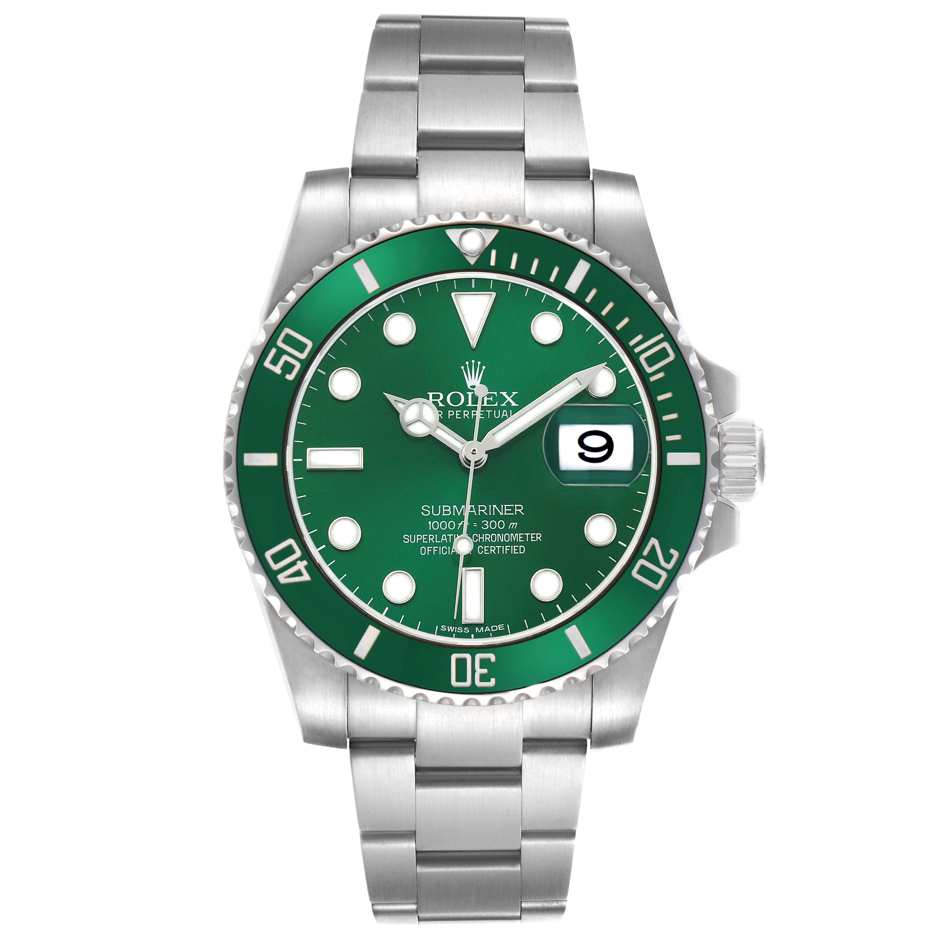 The Rolex Submariner 116610LV Men's Stainless Steel Green Dial watch is shown from the front, highlighting the dial, bezel, and bracelet.