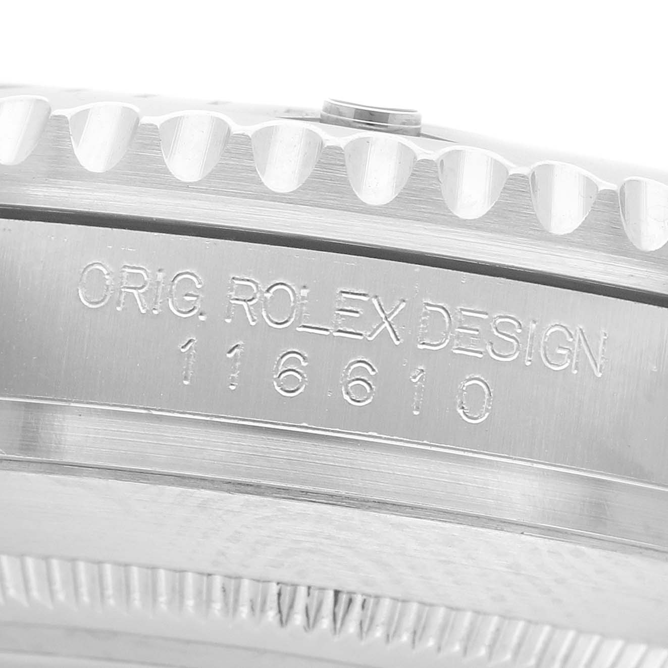 The image shows the engraved side case with the reference number of a Rolex Submariner 116610LV Men's Stainless Steel Green Dial, model 116610.