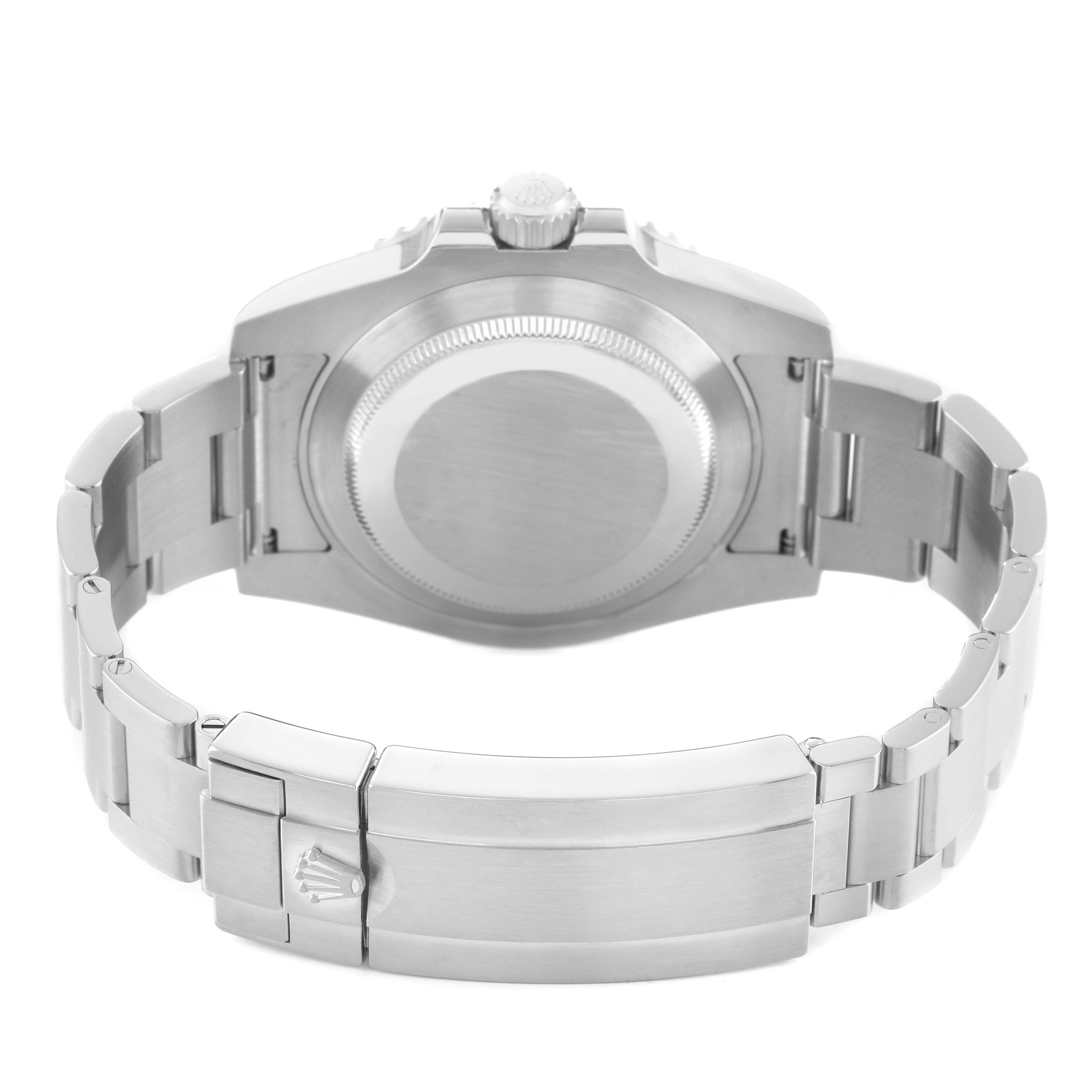 The image shows the back view of a Rolex Submariner 116610LV Men's Stainless Steel Green Dial watch, highlighting the bracelet, clasp, case back, and crown.