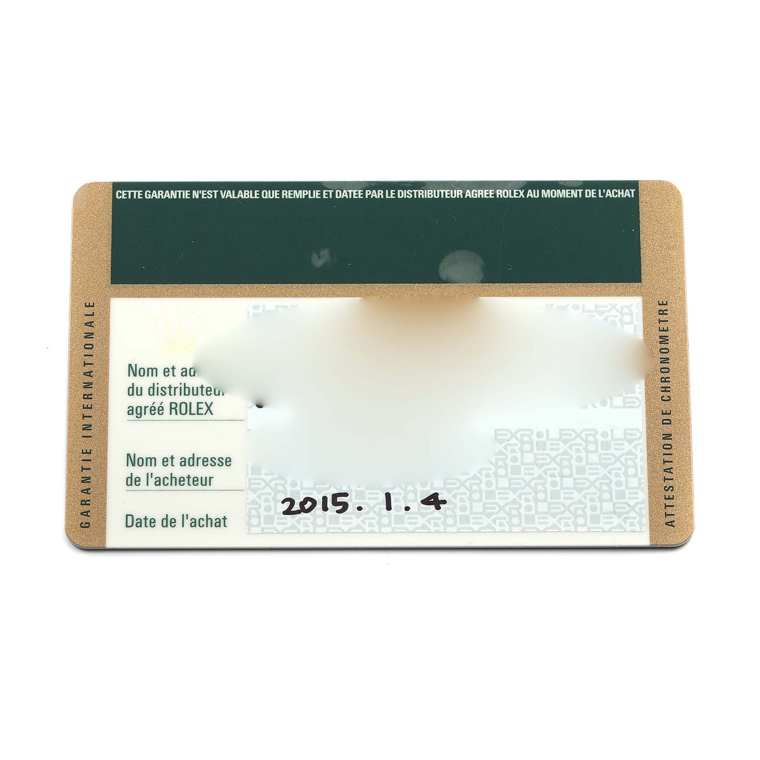 The image shows a Rolex Submariner 116610LV Men's Stainless Steel Green Dial guarantee card, displaying purchase details.