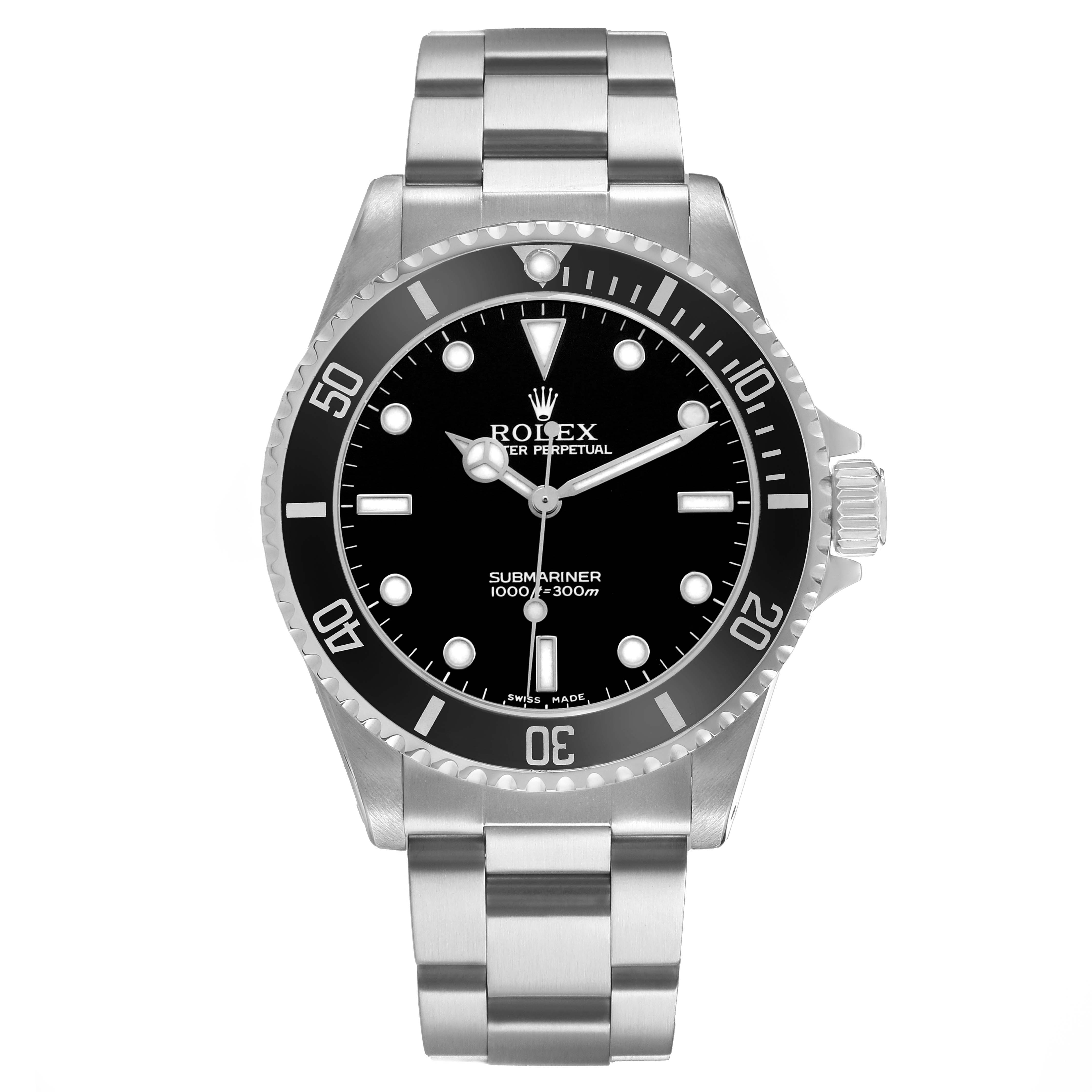 The Rolex Submariner 14060 Men's Stainless Steel Black Dial watch is shown from a front angle, displaying the dial, bezel, bracelet, and crown.