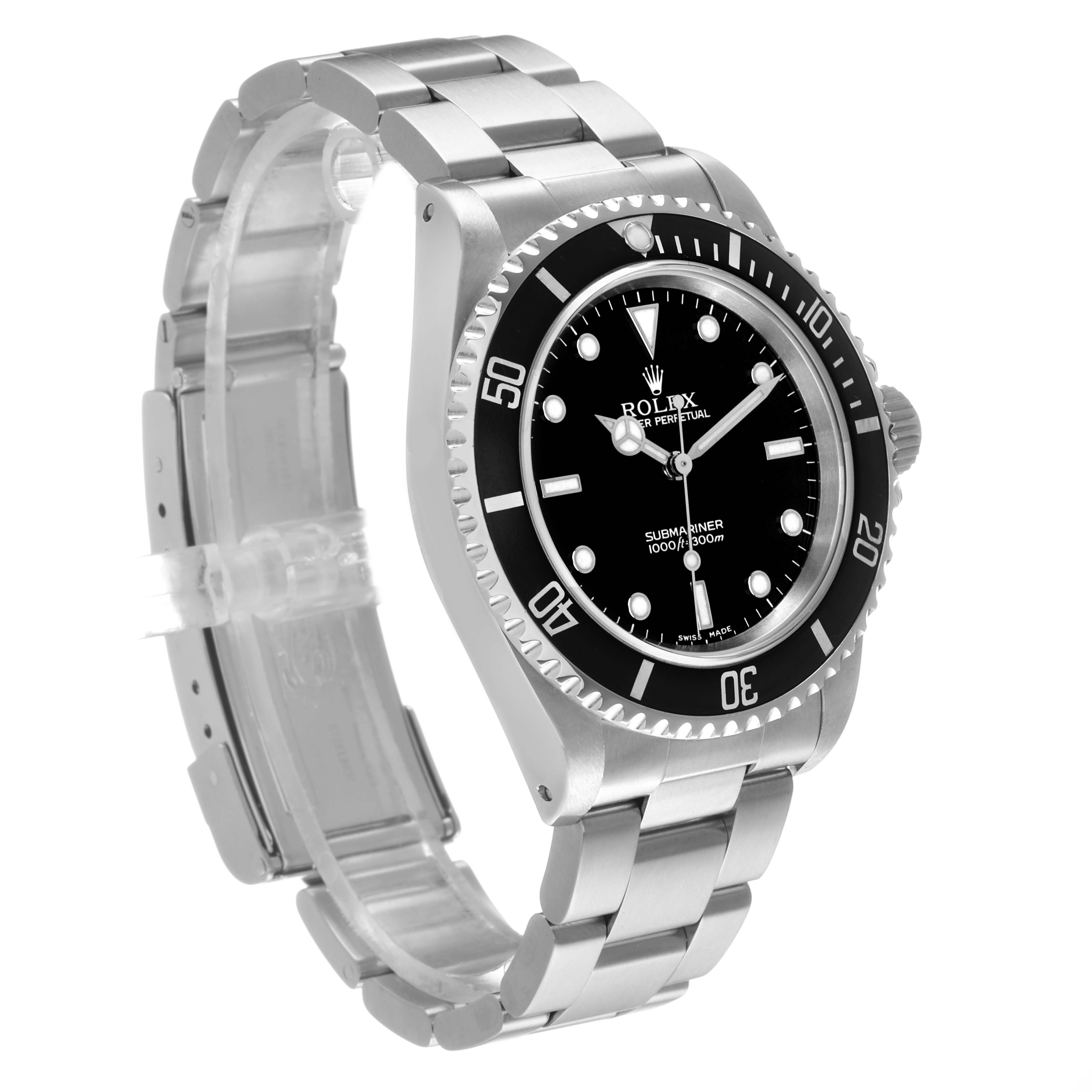 The Rolex Submariner 14060 Men's Stainless Steel Black Dial is shown at a three-quarter angle, highlighting the face, bezel, and bracelet.