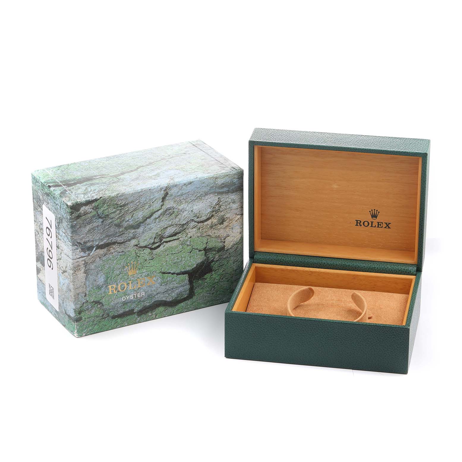 The image shows an open Rolex Submariner 14060 Men's Stainless Steel Black Dial watch box and its outer packaging at a slight angle.