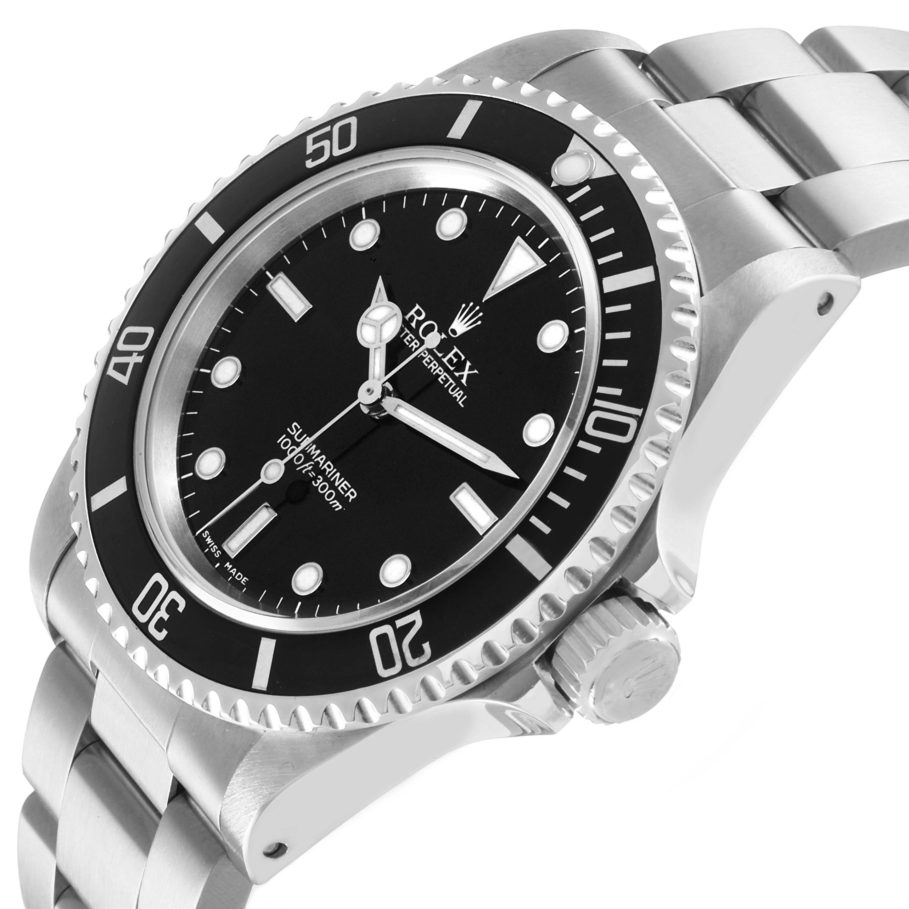 The Rolex Submariner 14060 Men's Stainless Steel Black Dial is shown at an angle highlighting the face, bezel, and bracelet, with a clear view of the crown.