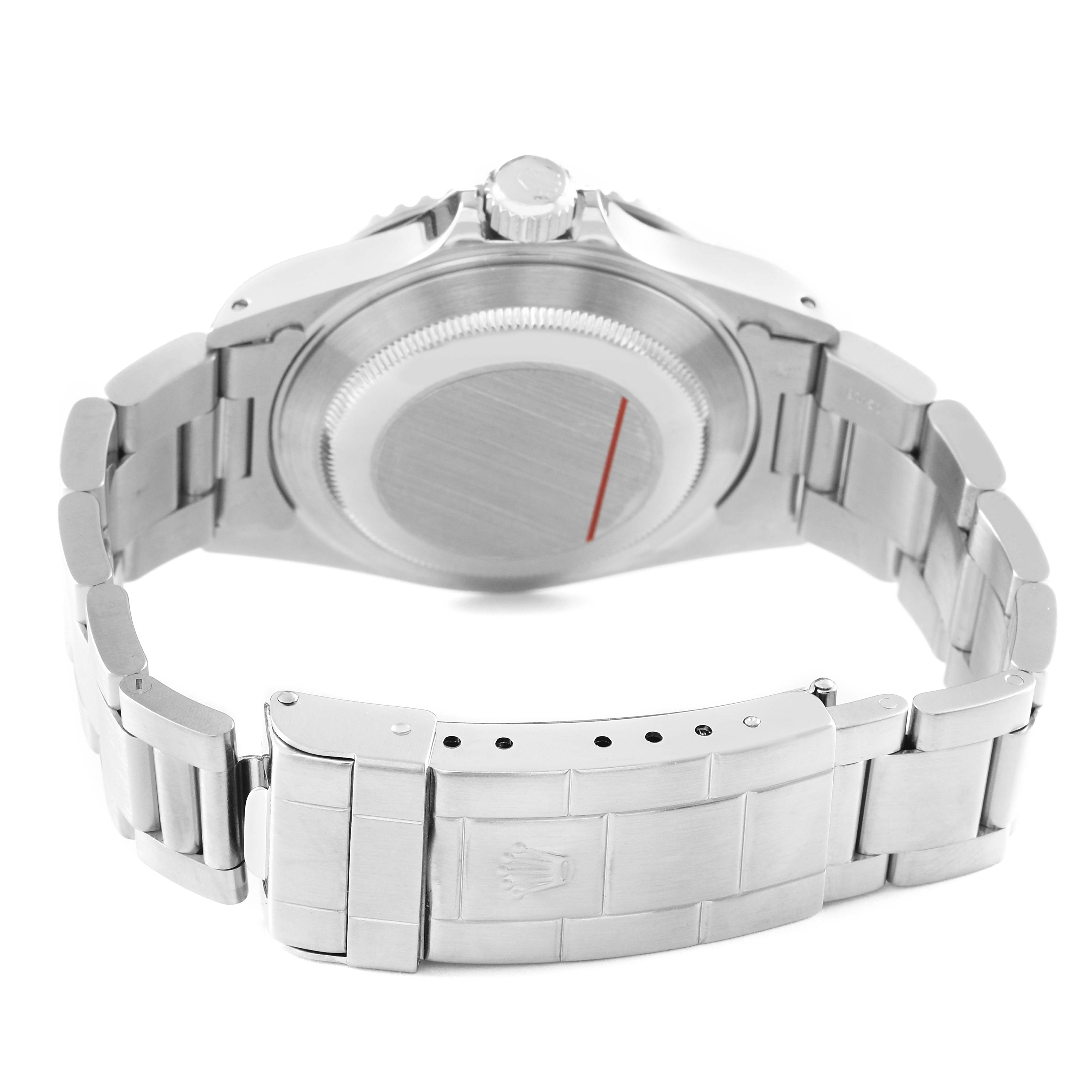 The image shows the back of a Rolex Submariner 14060 Men's Stainless Steel Black Dial watch, highlighting the bracelet, clasp, and caseback.