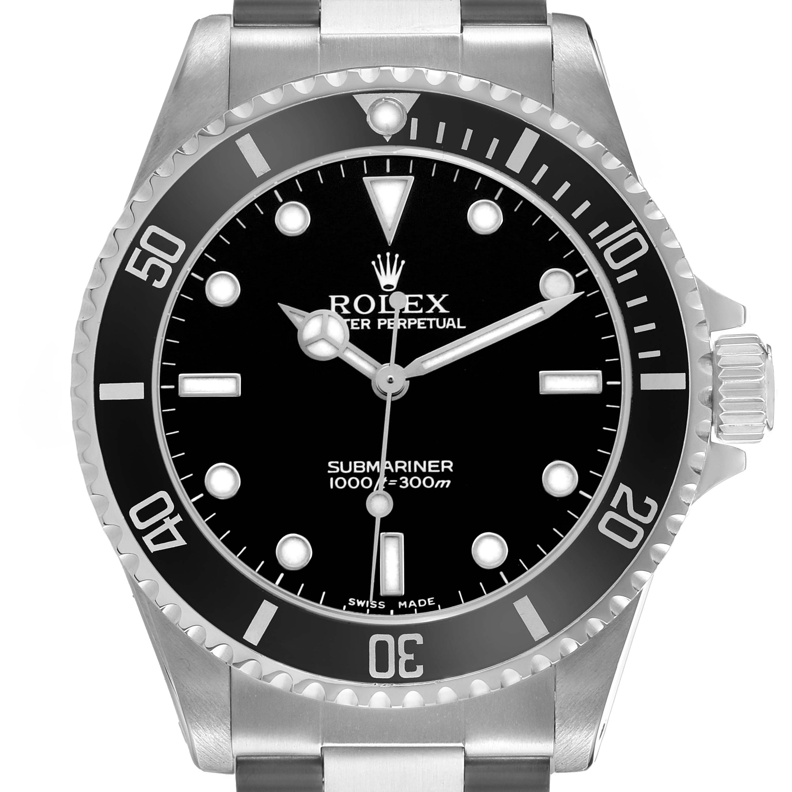 The image shows a front view of a Rolex Submariner 14060 Men's Stainless Steel Black Dial, displaying the dial, bezel, and part of the bracelet.