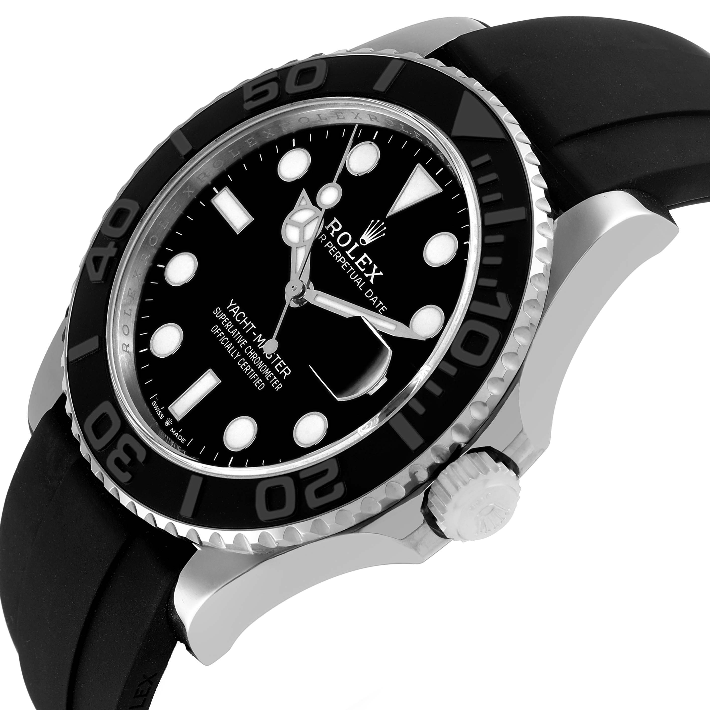 The Rolex Yacht-Master 226659 Men's White Gold Black Dial watch is shown at an angled side view, displaying the bezel, crown, and part of the black rubber strap.