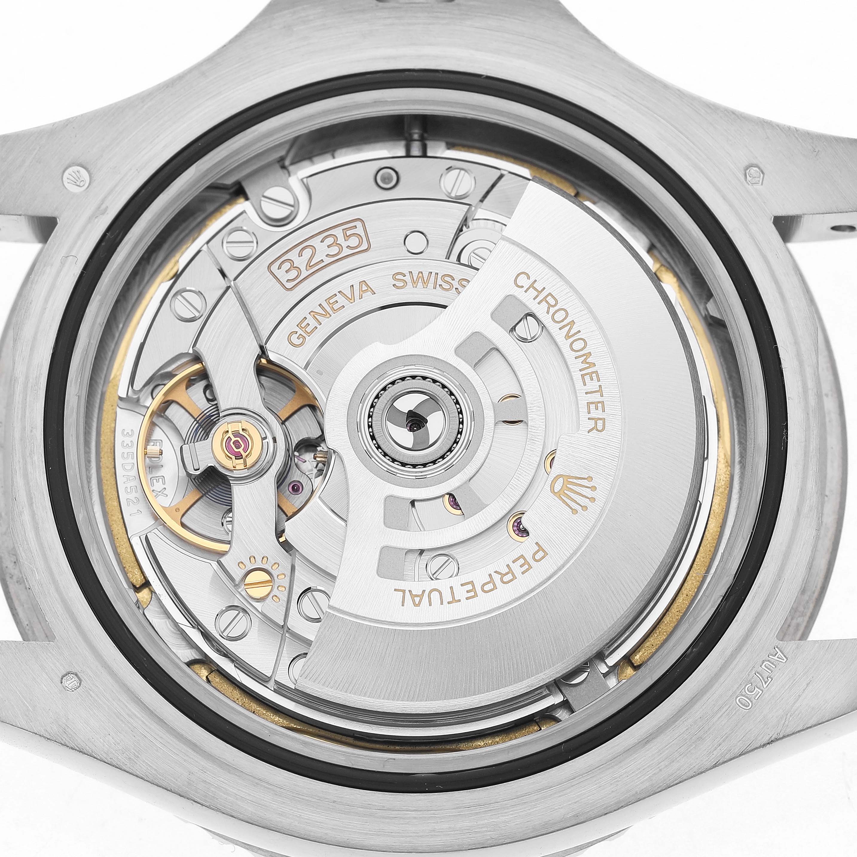 The image shows a close-up of the movement inside a Rolex Yacht-Master 226659 Men's White Gold Black Dial watch, highlighting its intricate mechanism.