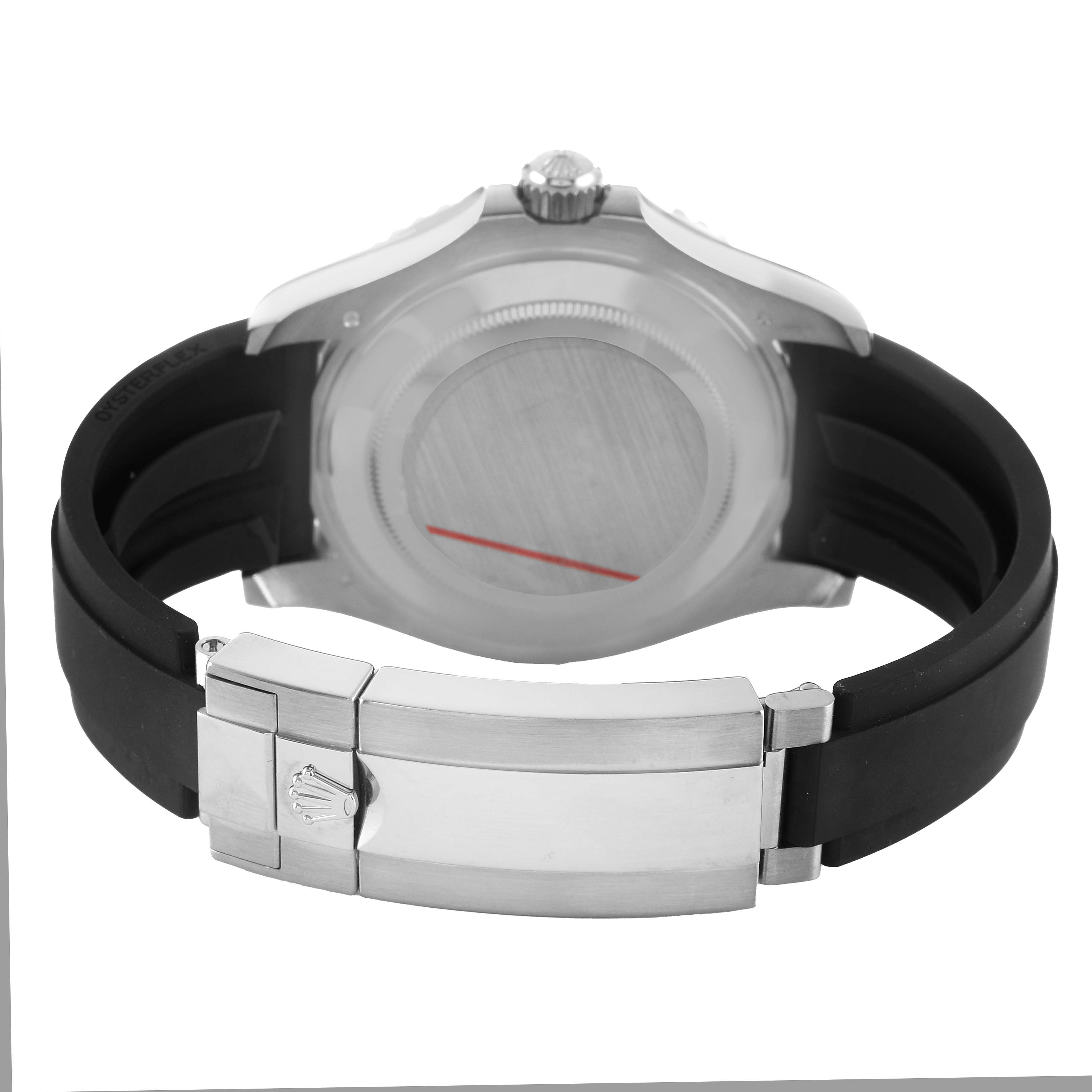 The image shows the back view of a Rolex Yacht-Master 226659 Men's White Gold Black Dial, highlighting the case back and clasp.