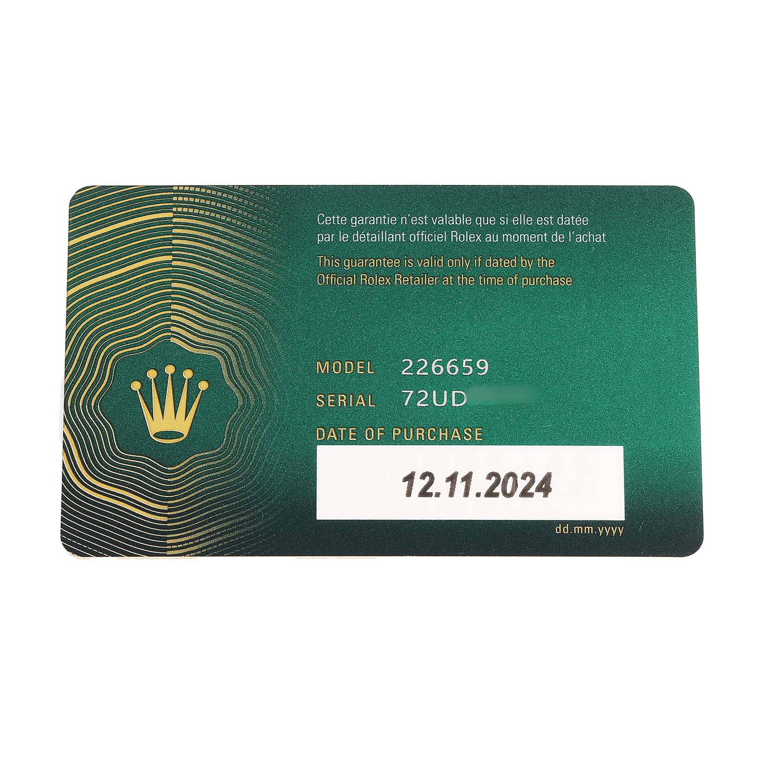 The image shows a warranty card for the Rolex Yacht-Master 226659 Men's White Gold Black Dial, displaying model, serial number, and purchase date.