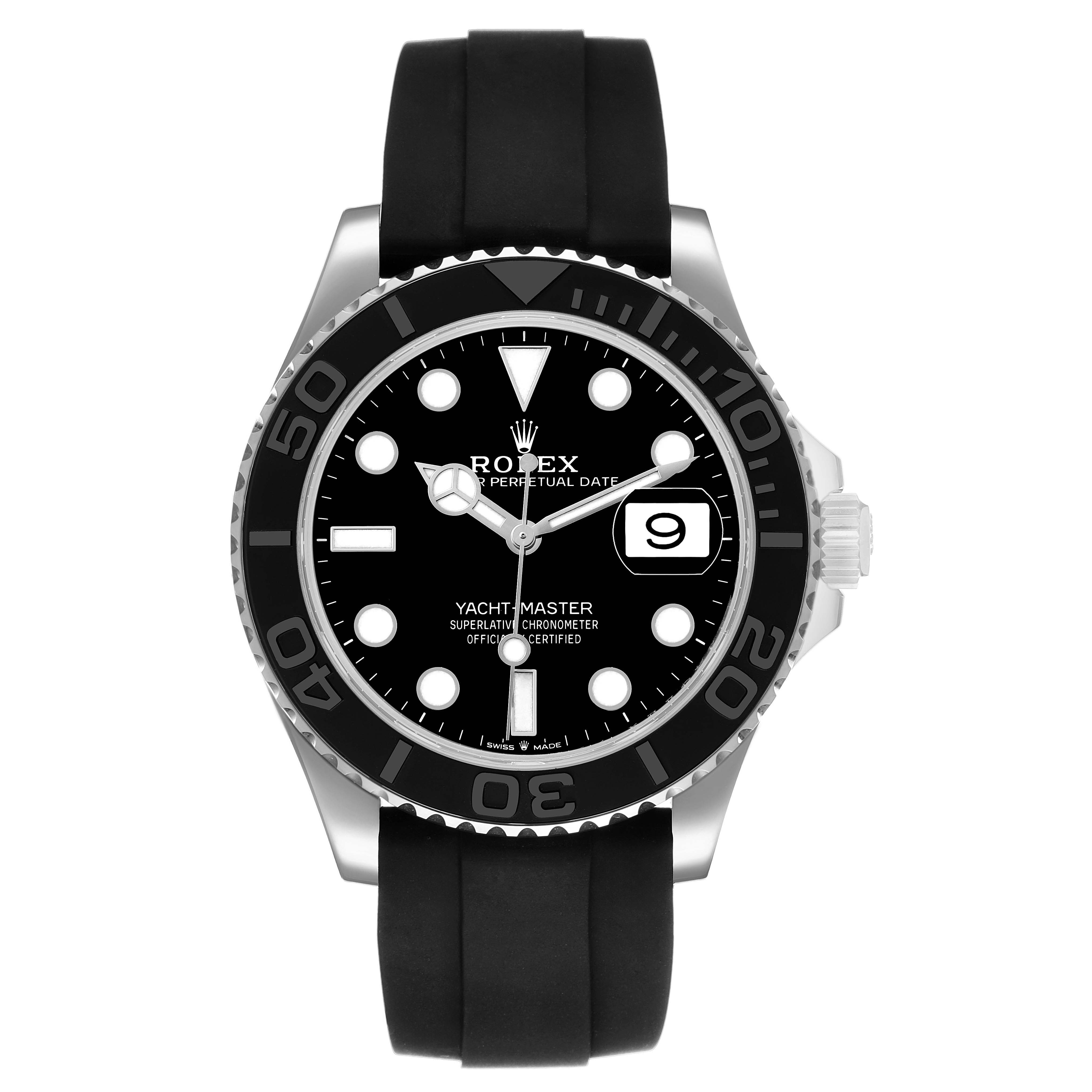 The image shows a front view of the Rolex Yacht-Master 226659 Men's White Gold Black Dial watch, displaying the bezel, dial, and strap.